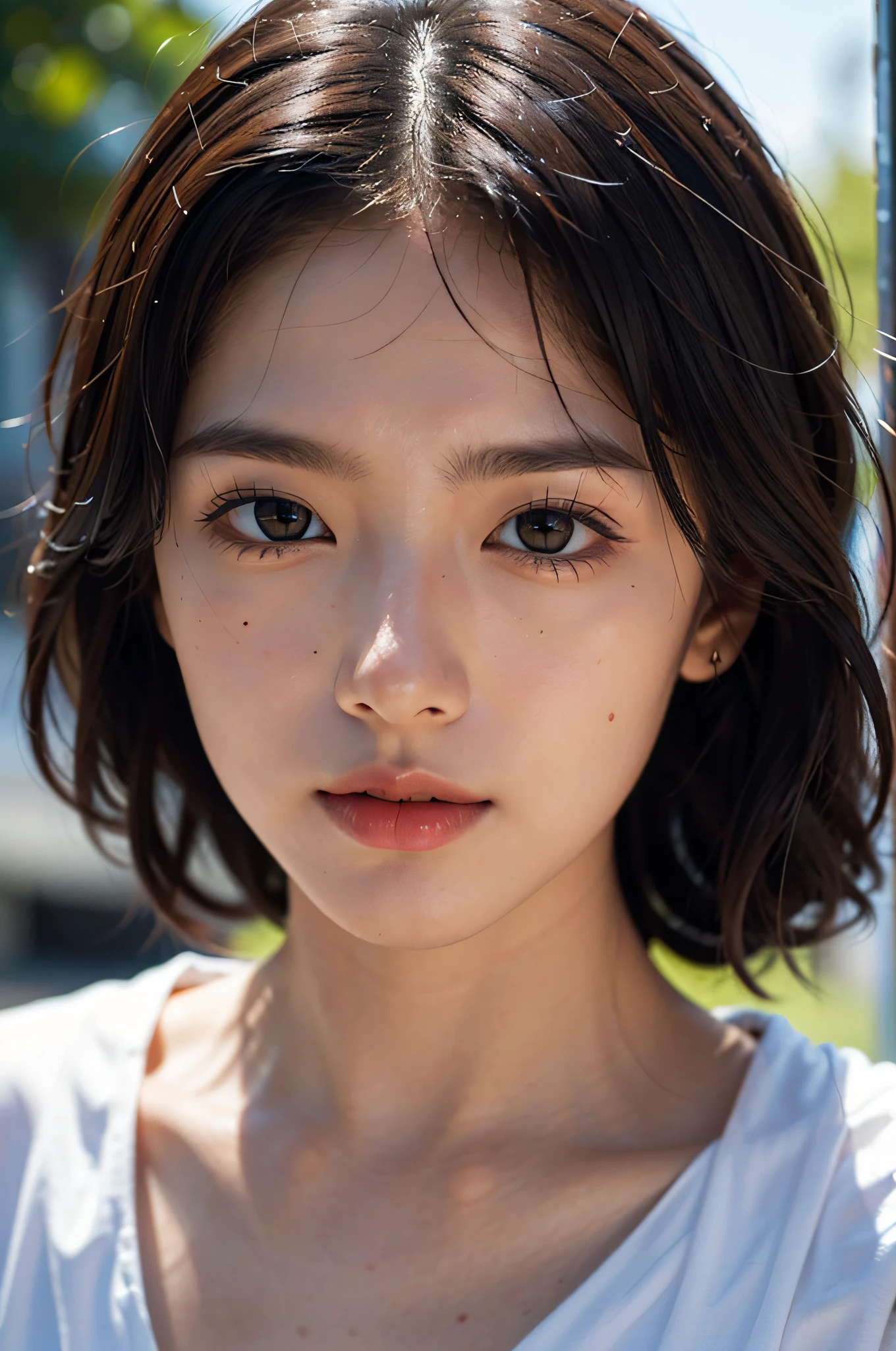 masterpiece, highest quality, a portrait of 1girl, close up of face and eye, light face, white eye:1.4, eye highlight:1.3, lighting:1.5, sunlight:1.5 on face, highest detailed eye:1.4