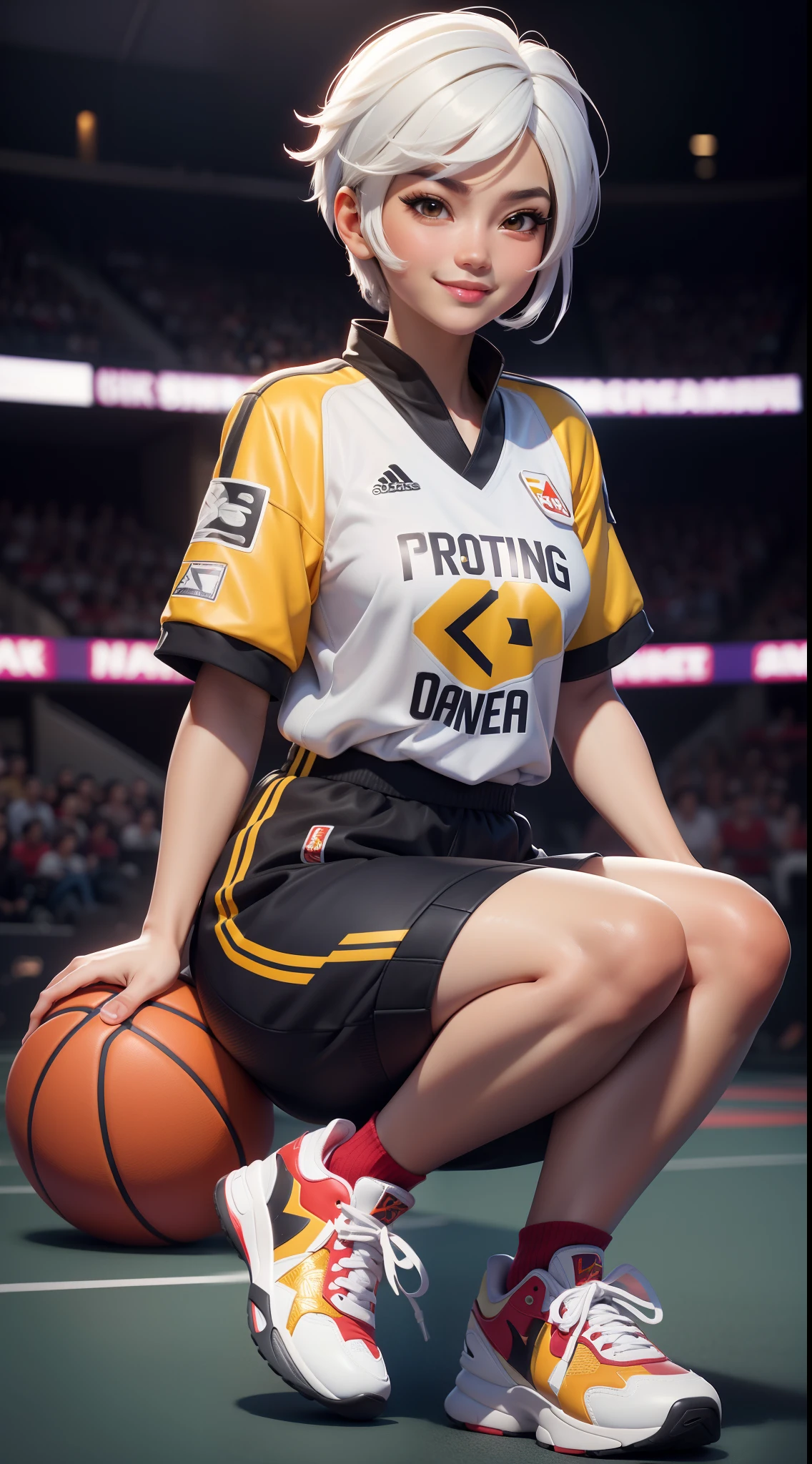 hoang lap，A high resolution，ultra - detailed，offcial art，Unity8k wallpapers，ultra - detailed，Beauty and aesthetics，Obra-prima，best qualtiy，with short white hair，Dark  skin，Cute handsome smiling girl，Wear a basketball shirt，sports arena，sat on the ground（（Huge sneakers close to the camera）），（The sneakers are decorated with intricate designs of white and red and yellow）