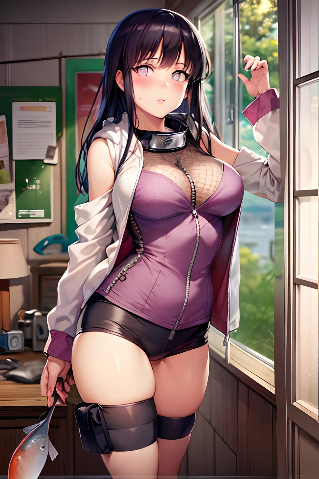 Masterpiece, High definition, High quality, Detailed face, detailed body render, 1girll, Solo, Hinata sleeveless clothing,Room,, Sleeveless shirt,( fishing net garment), Unzip the jacket, standing, Blush, (in a bedroom),Be red in the face,perspire,nose