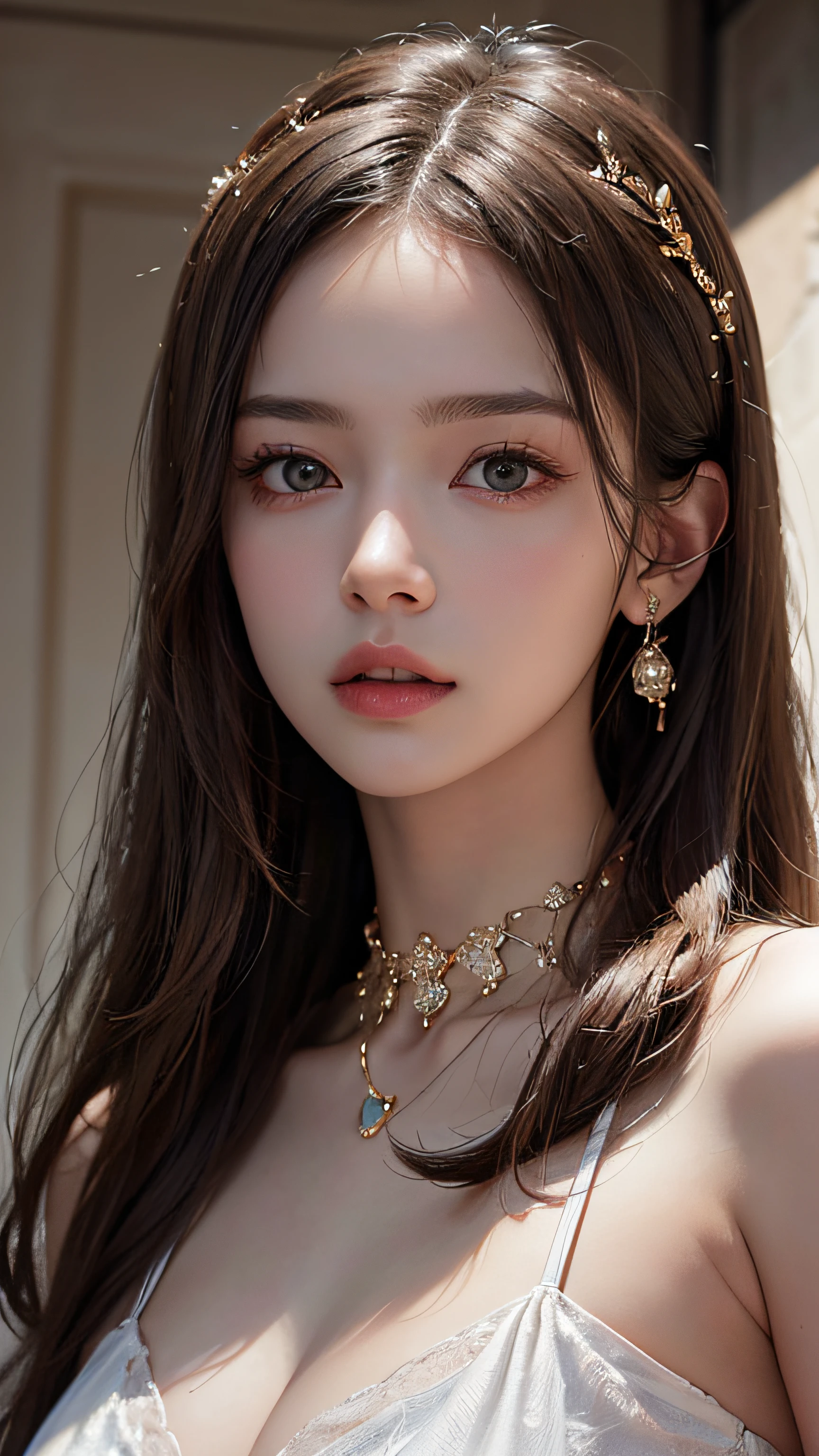(Masterpiece:1.3), (8K, Photorealistic, RAW photo, Best quality: 1.4), (1girll), Beautiful face,( long whitr hair:1.3), Nice hairstyle,photorealistic eye,Nice detail eyes,(Delicate skin tone Realistic skin),Beautiful skins,(White suspender top),absurd res,enticing,超高分辨率,Ultra photo realsisim,The is very detailed,the golden ratio,choker necklace,ear jewelry,hair adornments,nabel,Slim waist,