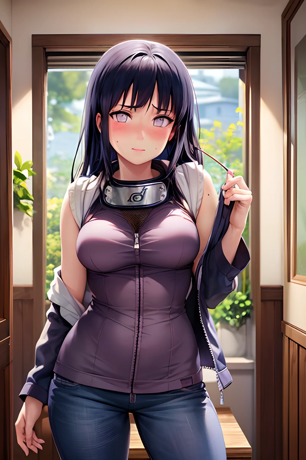 Masterpiece, highres, high Quality, detailed face, detailed body render, 1girl, solo, hyuuga hinata, hinata-sleeveless-outfit, large breasts, big breast, sleeveless shirt, fishnet top, dark lips, unzipped jacket, no bra, breasts out, nipple, standing, blushes, (on bedroom), naked, nude