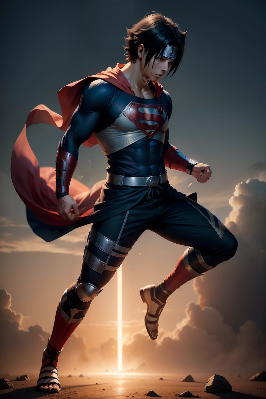 sasuke(naruto) x superman, full body, solo, male, realistic, detailed, perfect lighting, perfect shadow, perfect body, perfect picture, Super High Resolution, (Realism: 1.4), Original Photo, Best Quality, Masterpiece, Cinematic Experience