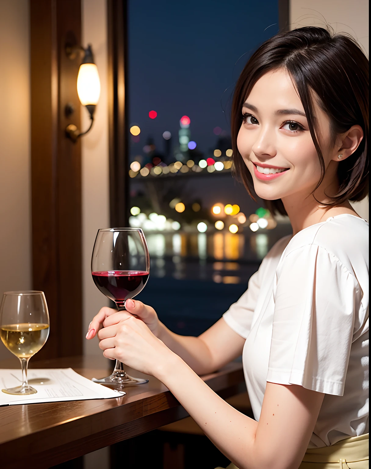 (64K, UHD, top quality, masterpiece: 1.2), (realistic, photorealistic: 1.37), super detailed, pretty woman 1 person, (slim face), (slim body), (brown hair), (short cut), cheeks slightly blushing, (44 years old), 38 years old, solo, beautiful detailed urban night view outside the window, restaurant, wine glasses sit, at night, in a prominent placeNovaFrogStyle, Actress, Model, Waist Up, White Wine, Slim, Wine Glass, Super Clean Night View, Wine Glass Put in the Middle, Happy Smile, (Smile: 1.15), Beautiful Fine Eyes, Upper Body, Bust Japan Up, Night, Short, Short, Actress, Model, Waist Up, White Wine, Slim, Wine Glass, Super Clean Night View, Wine Glass Put in the Middle, Happy Smile,