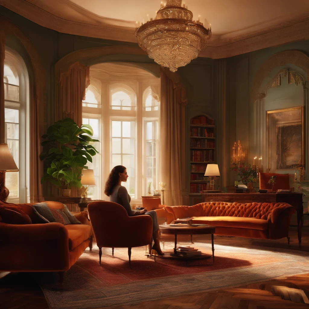 (a luxurious psychotherapist's office),(books,chair,desk,sofa),(a girl sitting on the sofa),(a man sitting in the chair behind the desk)