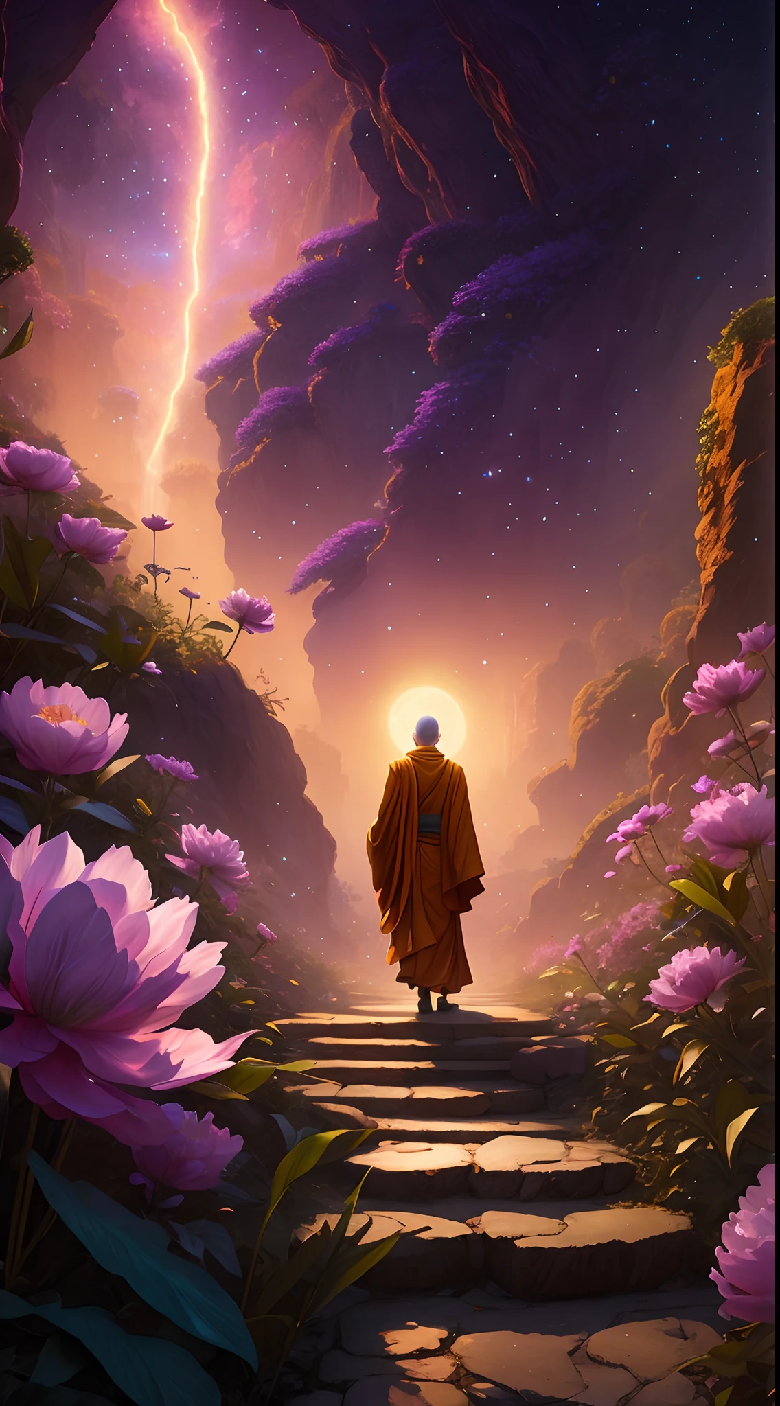 arafed image of a monk walking down a path in a flower garden, blossoming path to heaven, on path to enlightenment, ross tran and michael whelan, background artwork, beautiful art uhd 4 k, andreas rocha style, on the path to enlightenment, beautiful digital artwork, cosmic enlightenment, beeple and jeremiah ketner