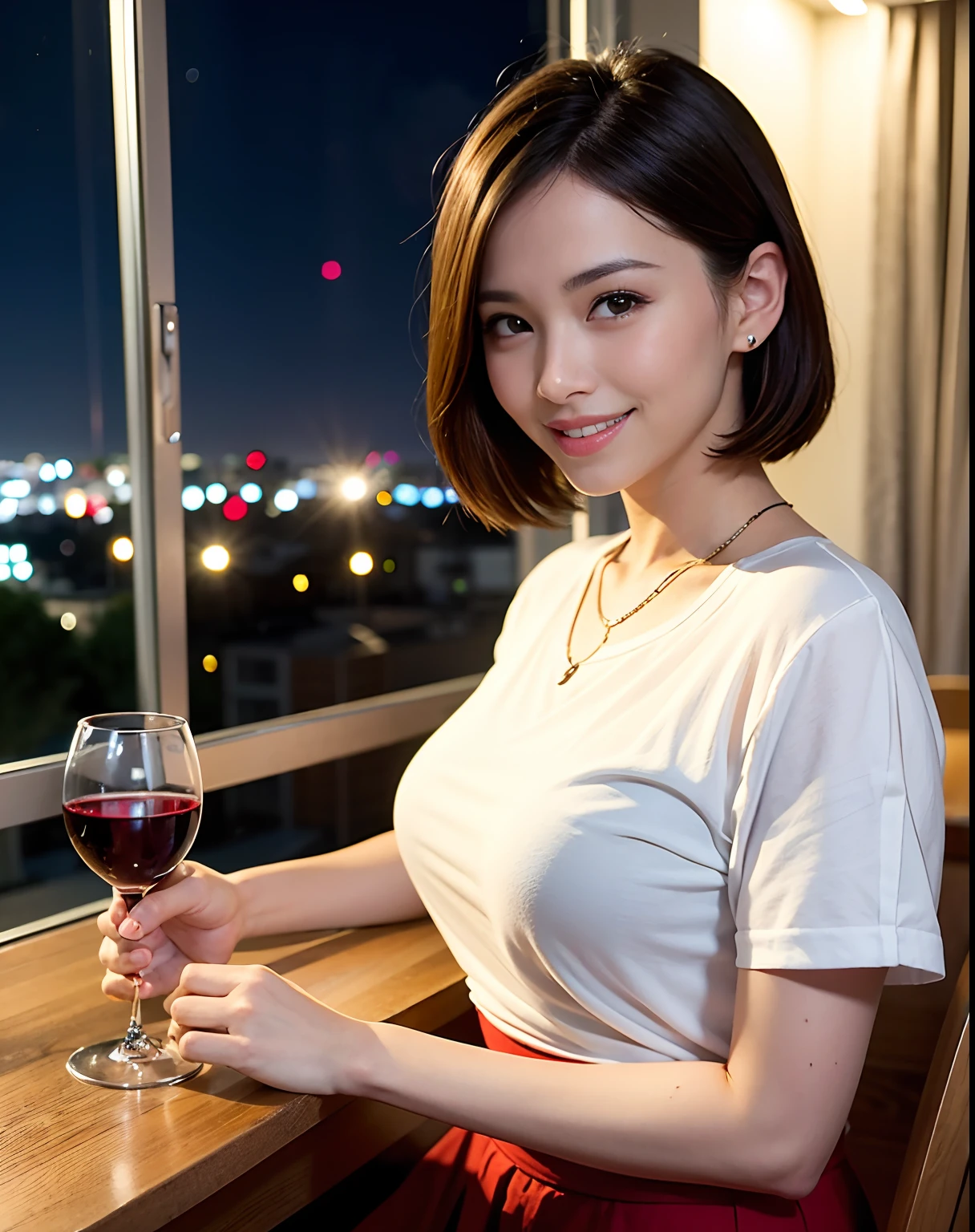 (64K, UHD, top quality, masterpiece: 1.2), (realistic, photorealistic: 1.37), super detailed, pretty woman 1 person, (slim face), (slim body), (brown hair), (short cut), cheeks slightly blushing, (44 years old), 38 years old, solo, beautiful detailed urban night view outside the window, restaurant, wine glasses sit, at night, in a prominent placeNovaFrogStyle, Actress, Model, Waist Up, White Wine, Slim, Wine Glass, Super Clean Night View, Wine Glass Put in the Middle, Happy Smile, (Smile: 1.15), Beautiful Fine Eyes, Upper Body, Bust Japan Up, Night, Short, Short, Actress, Model, Waist Up, White Wine, Slim, Wine Glass, Super Clean Night View, Wine Glass Put in the Middle, Happy Smile,