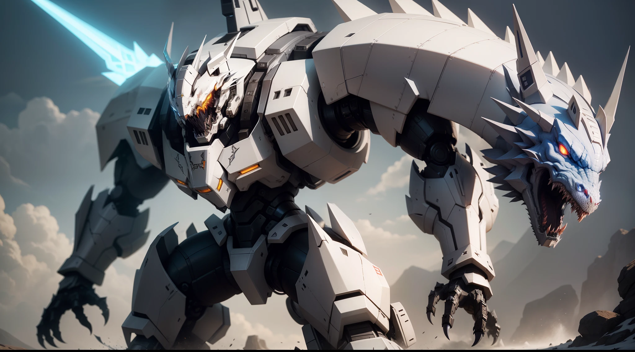 a close up of a drawing of a dragon with a sword, well armored mech dragon, white mecha iron, reflected sliver ice color armor, sharp robot dragon paws, draconian looking armor, art zoids, sharp dragon claws robot, Omegamon concept art, Robot dragon feet, Giga, white mecha, snarling robot dog head, cyborg dragon concept art fantasy