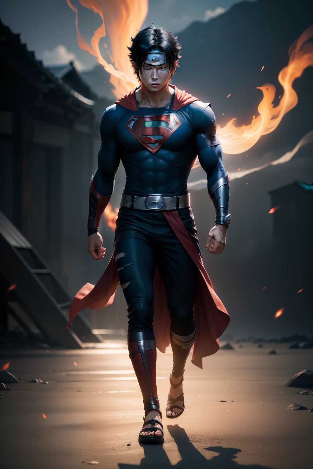 sasuke(naruto) x superman, full body, solo, male, realistic, detailed, perfect lighting, perfect shadow, perfect body, perfect picture, Super High Resolution, (Realism: 1.4), Original Photo, Best Quality, Masterpiece, Cinematic Experience