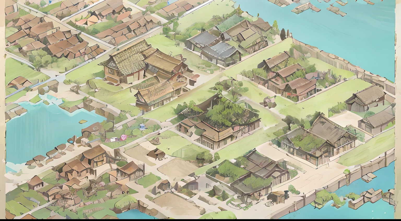 There is a manga of a village with many people, Traditional Chinese concept art, Chinese village, pastoral environment, Chinese village, Old ethnic style village, Chinese style illustration, Pintura em grande estilo, Ethnic villages, Ethnic villages and towns, Idyllic game，game screenshot