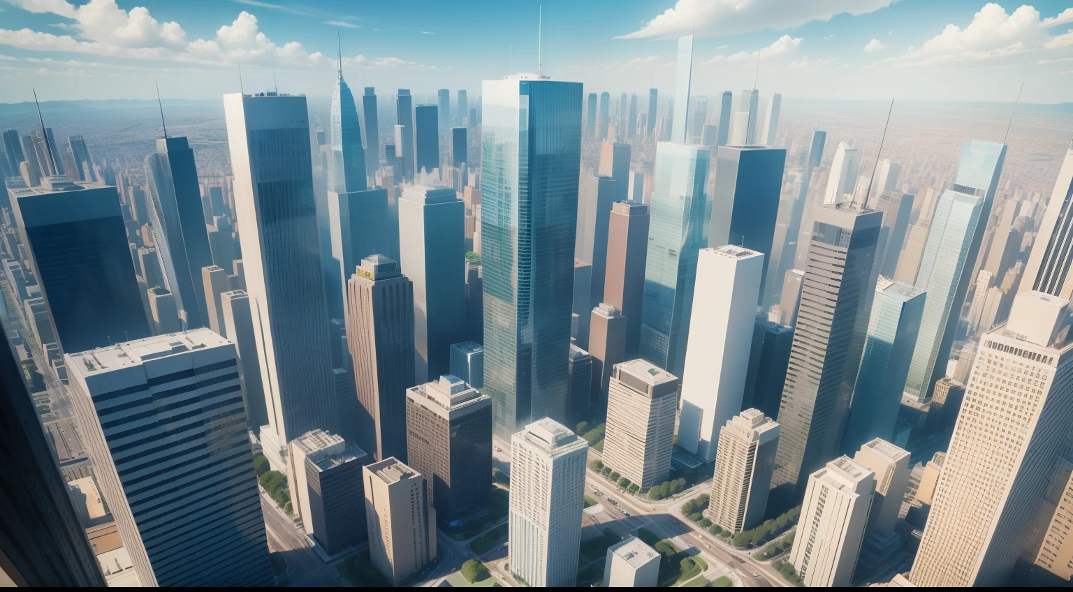 Big city, high quality, sunshine, high-rise buildings, heavy traffic, overhead shot
