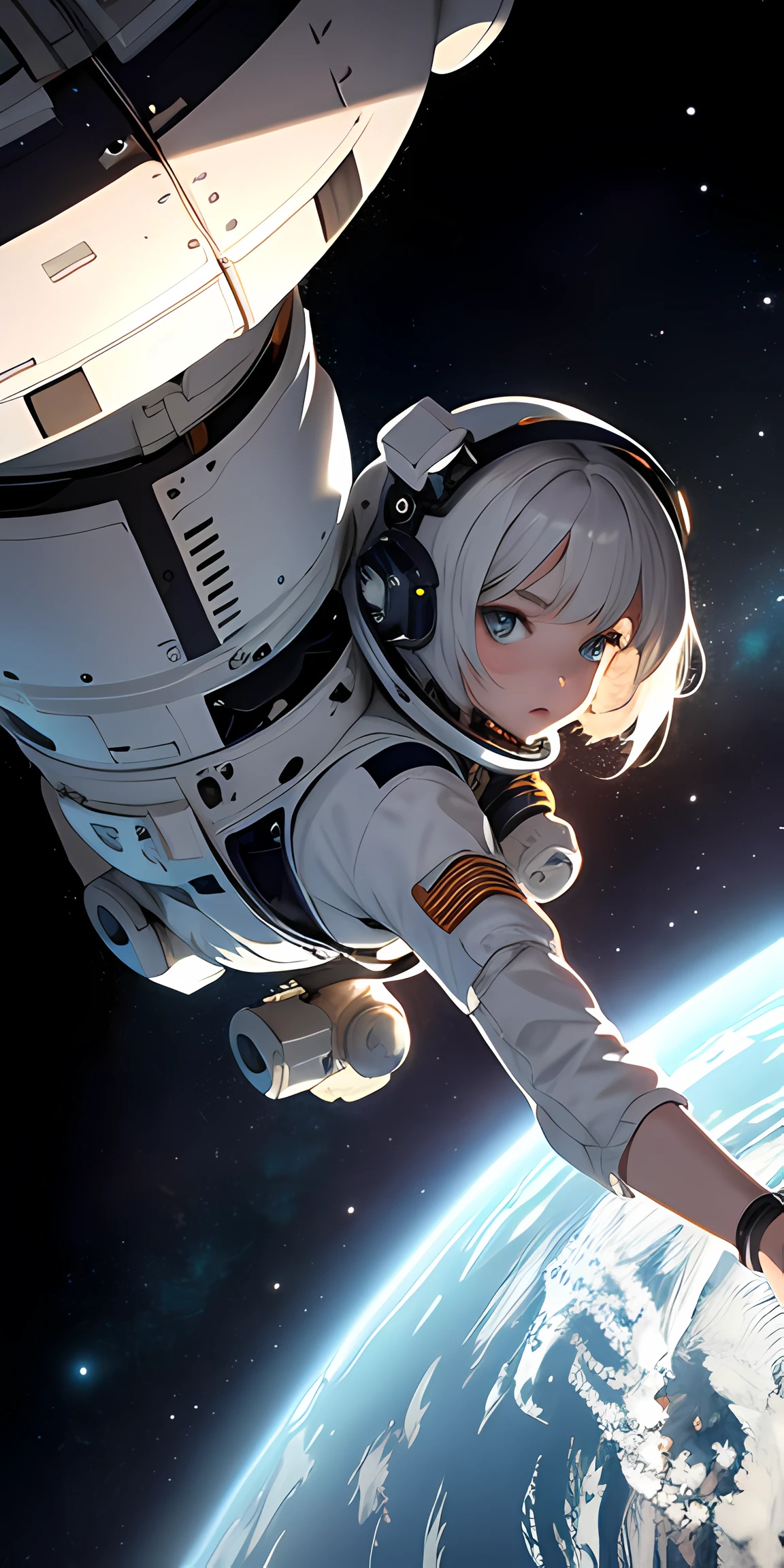 8k, 1girl, short length hair, in a spacesuit, seen from above, space, floating, satellite, outer space operation, wide-angle lens distortion