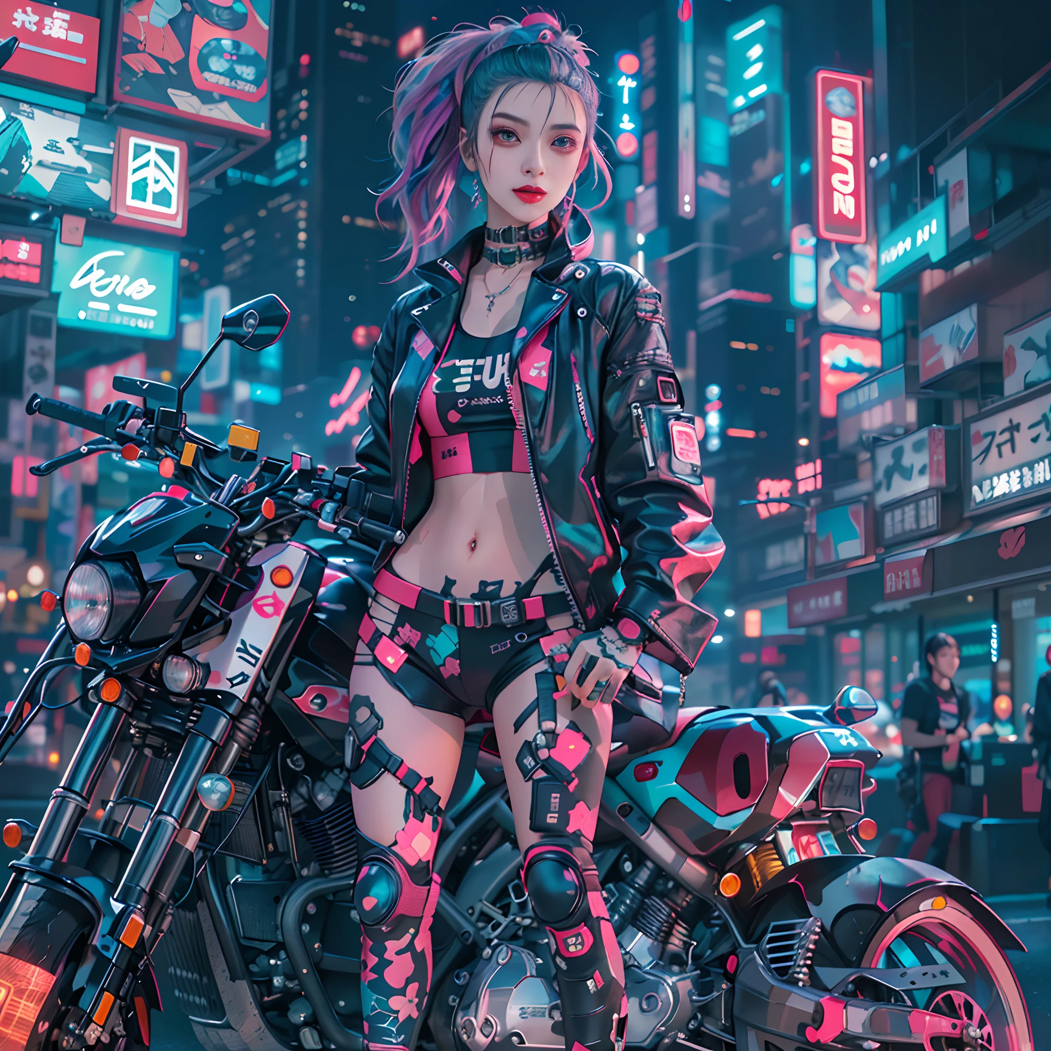 masterpiece, best quality, Confident cyberpunk girl, full body shot, ((standing in front of motorcycle)), Harajuku-inspired pop outfit, bold colors and patterns, eye-catching accessories, trendy and innovative hairstyle, vibrant makeup, Cyberpunk dazzling cityscape, skyscrapers, neon signs, LED lights, bright and vivid color scheme, anime, illustration, detailed skin texture, detailed cloth texture, beautiful detailed face, intricate details, ultra detailed.