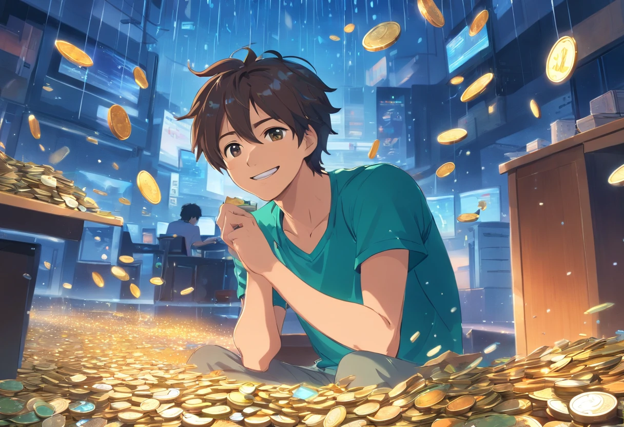 A Man,Smiling,Relaxing,goodlooking,Middle age,Sitting in front of the PC,Behind him are a lot of coins and bills falling like rain,Holding a cup in your hand,Lots of wad、Bright image、Clear facial expressions