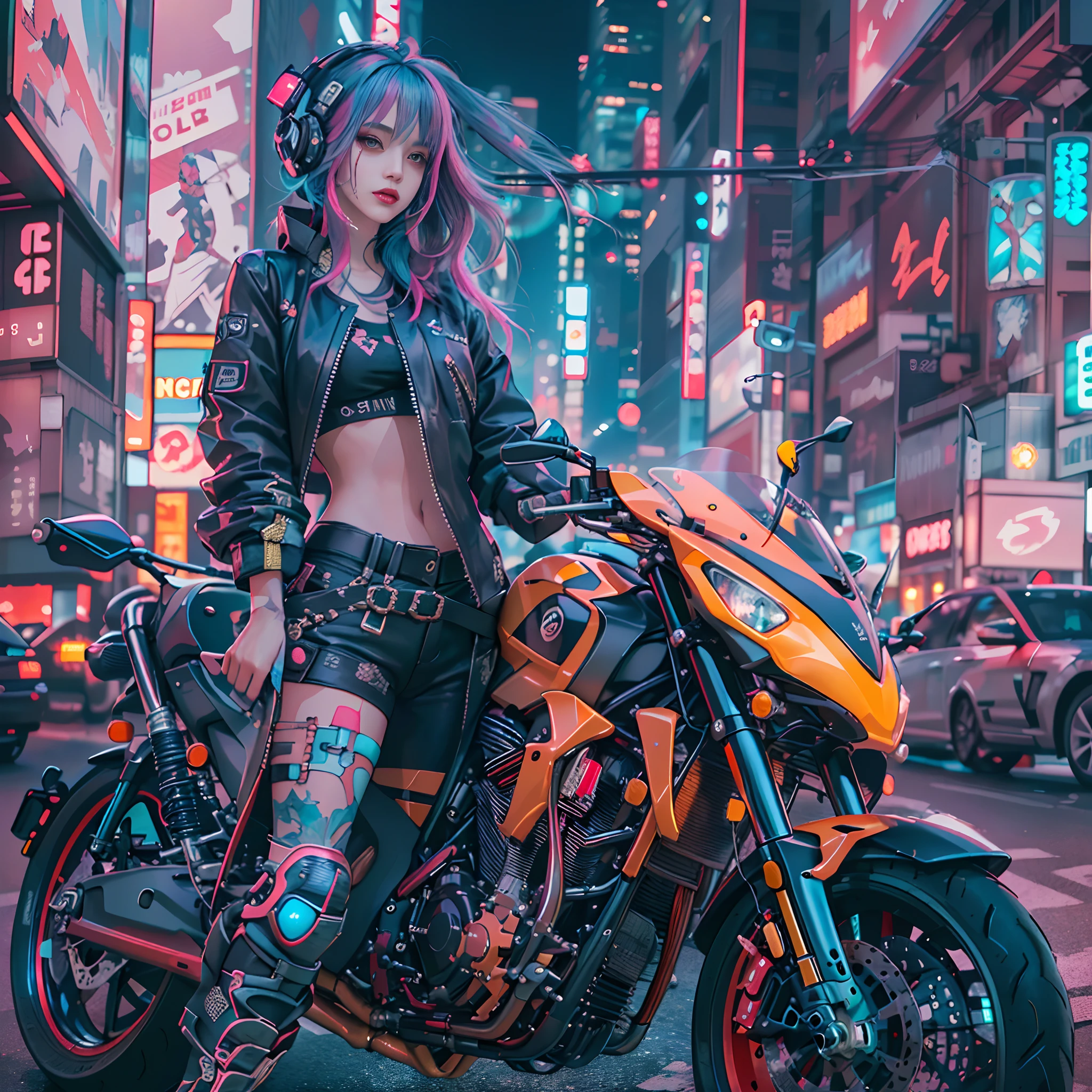 masterpiece, best quality, Confident cyberpunk girl, full body shot, ((standing in front of motorcycle)), Harajuku-inspired pop outfit, bold colors and patterns, eye-catching accessories, trendy and innovative hairstyle, vibrant makeup, Cyberpunk dazzling cityscape, skyscrapers, neon signs, LED lights, bright and vivid color scheme, anime, illustration, detailed skin texture, detailed cloth texture, beautiful detailed face, intricate details, ultra detailed.