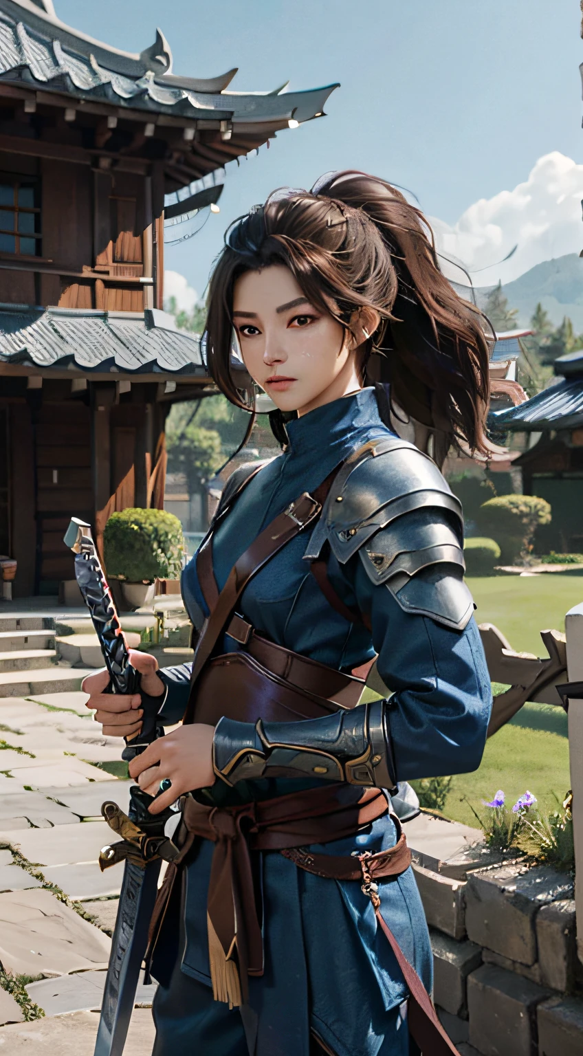 Yaso、League of Legends、yasuo_(lize_In the_legends)、1 juvenile、arma、Male Focus、The sword、facial hairs、独奏、a beard、scabbard、poneyTail、brown haired、ngel、length hair、arma、s Armor、Brown-eyed、outside of house、holds a sword、Knives、musculature、The tree、looking at the spectator、lifelike rendering、​masterpiece, top-quality, hightquality, hight resolution, Wearing blue clothes、Show the thighs visible through the slit、