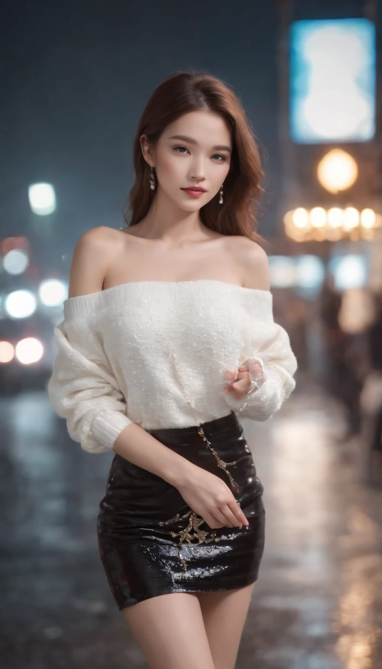 A perfect young female white-collar worker，Chinese big breasts，High picture quality，Works of masters，Black hair，Long hair shawl，Long hair flowing over the shoulders，Beach wave hairstyle，cropped shoulders，鎖骨，exquisite face，Hydrated red lips，（（Wear colorful and stylish summer sailor suits））（red colour，blue colors，green color，Violet-orange，In pink，amarelo，Printed clothing），Kurfo，，Colorful pleated skirt，white stockings，over knee socks，Magic starry sky dress，Lace skirt，Puff sleeve skirt，Tassel elements，Lace paneled elements，Openwork elements，Texture element，Real Human，CG rendering，16k，standing on your feet，Late night under street lights，optic，Dingdall effect，Elegant light and shadow，Do not show your hands，Close-up shot
