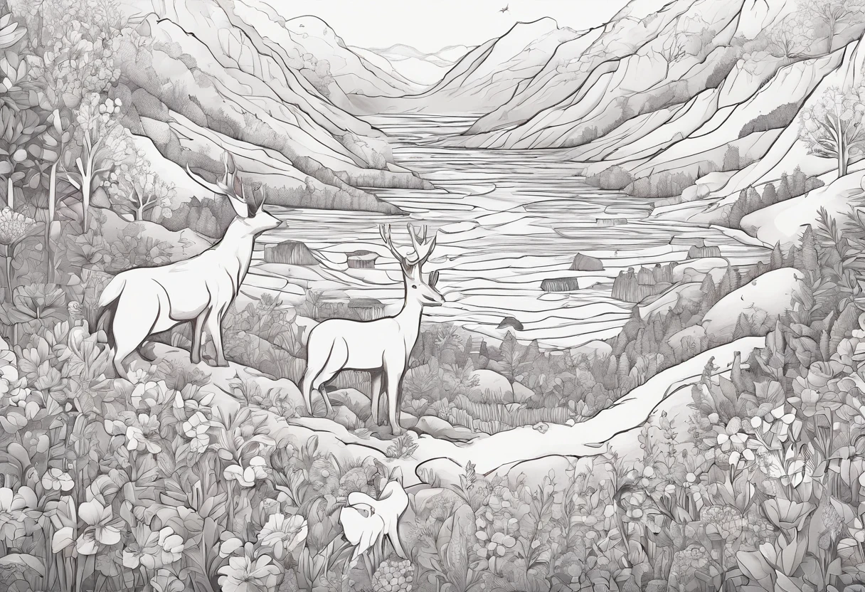 There are photos of various animals in a flower field, line art illustration, ln the forest, Hand drawn illustrations, pattern designs, Fantasy Forest