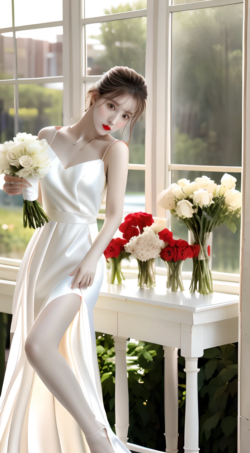 A woman in a long dress holds a bouquet of white roses, soft silk dress, Gorgeous young Korean woman, beautiful Korean women, korean women's fashion model, Beautiful young Korean woman,, stunning elegant pose, Silk dress, beautiful soft silky dress, beautiful silky dress,((Delicate face，Delicate smooth skin，Redlip，(Beautiful hair accessories，choker necklace，耳Nipple Ring)，sparkle eyes，Bright and moving eyes))