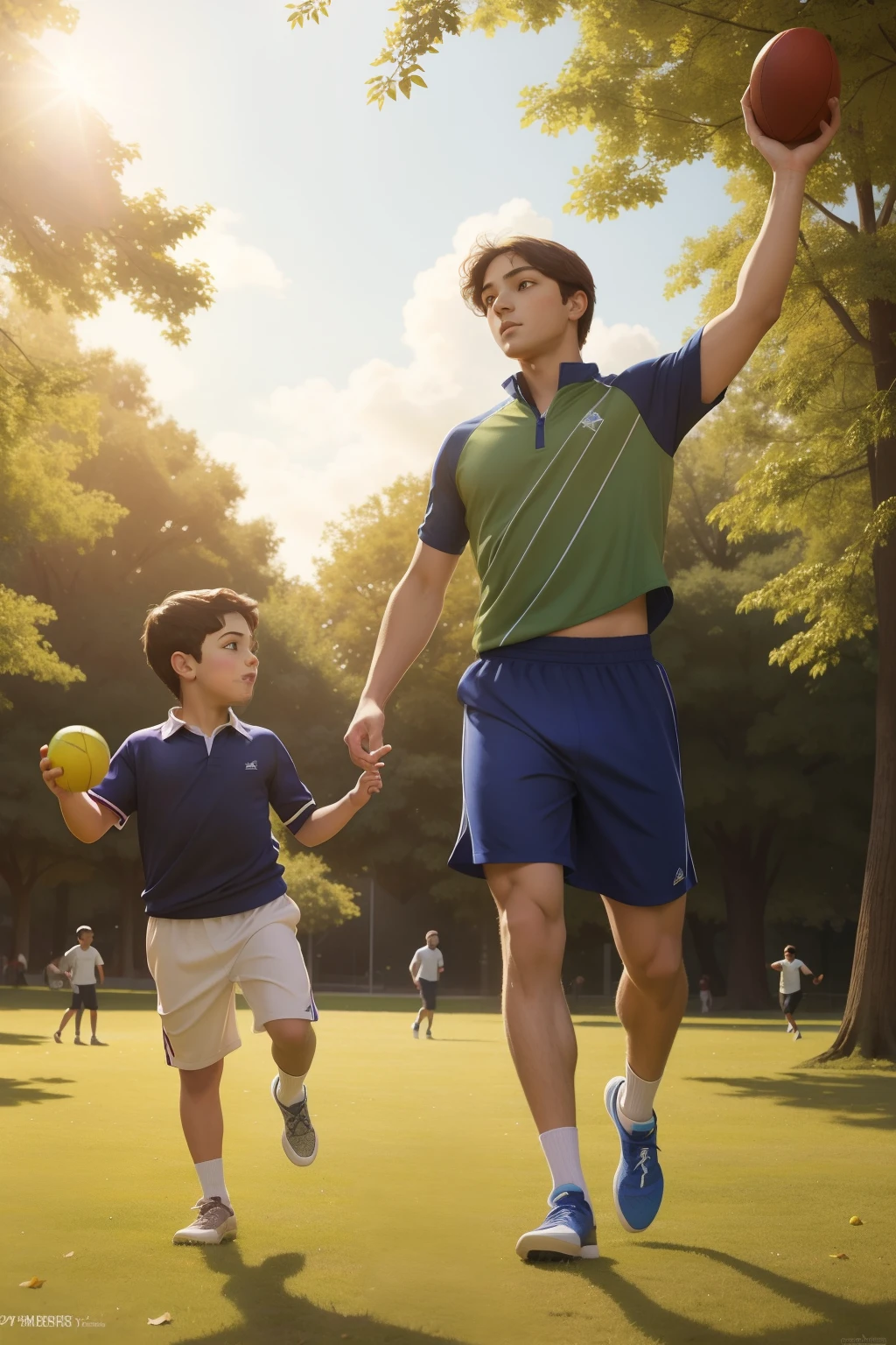 Date: 2012
Description:
Request a Pre-Raphaelite interpretation of a young boy in contemporary sportswear, joyfully playing catch with his father in a vibrant park, the sunlight casting a warm and inviting atmosphere.