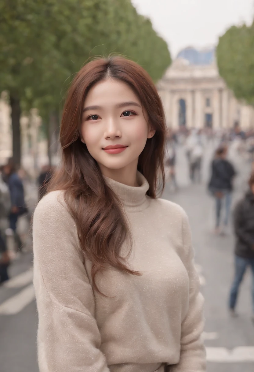 (8K、top-quality、​masterpiece:1.2)、 (realisitic、Photorealsitic:1.37)、 ultra-detailliert、DJ Soda、 1 girl in、full body Esbian、Wearing a turtleneck sweater and skinny jeans、Stand in the streets of Paris with the Arc de Triomphe in the background、 cute little、独奏、 Beautiful detailed sky、 (A smile:1.15)、(Mouth closed)、 tiny chest、 beatiful detailed eyes、 (length hair:1.2)、 Floating Hair Novafrog Style、