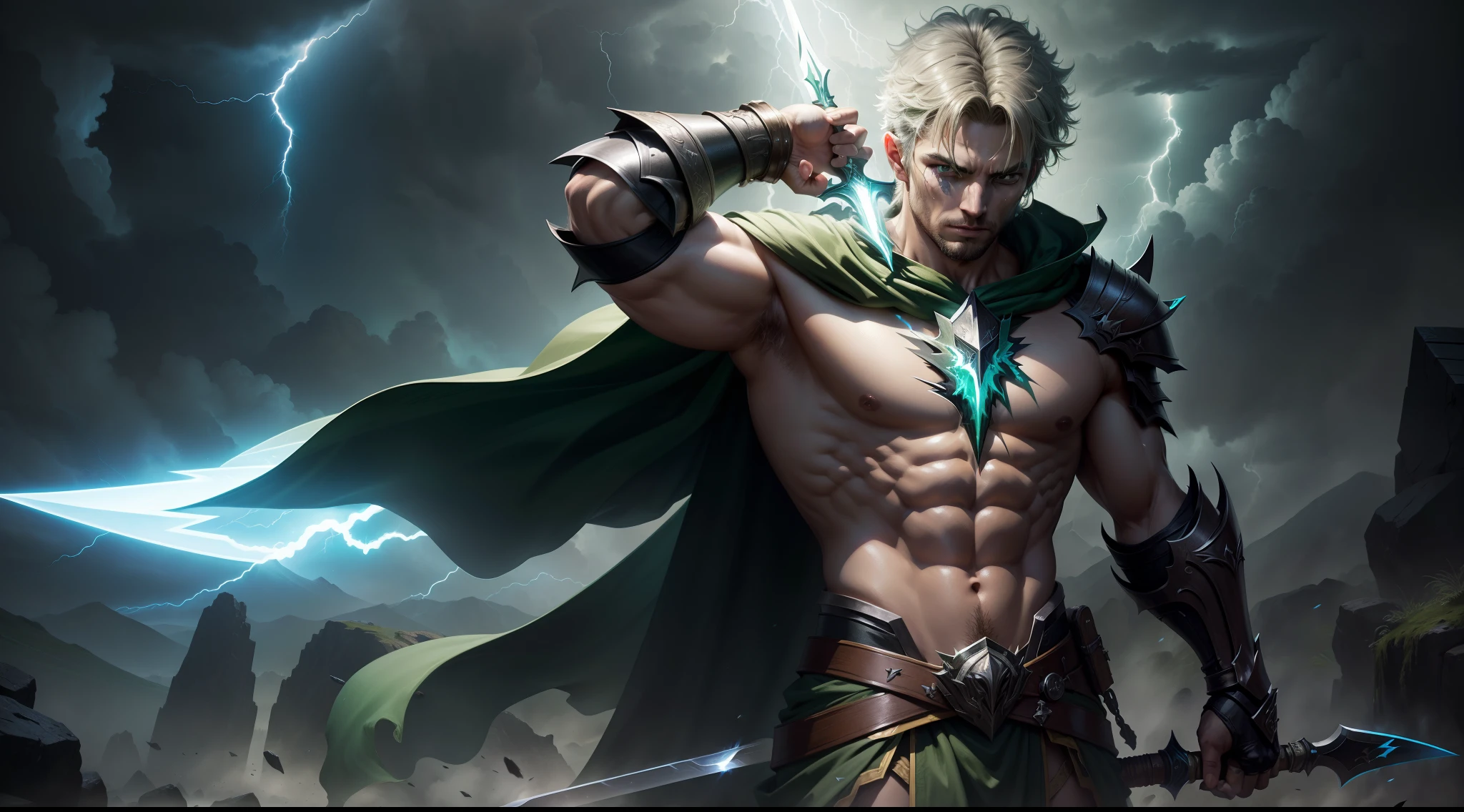 Best quality, masterpiece, ultra high res, lightning green, Lots of lightning, drawing, lightning elemental energy towards himself, warrior dark knight man sword in hand wearing cape fighter hero ,The body is wrapped in lightning green concept art fantasy
