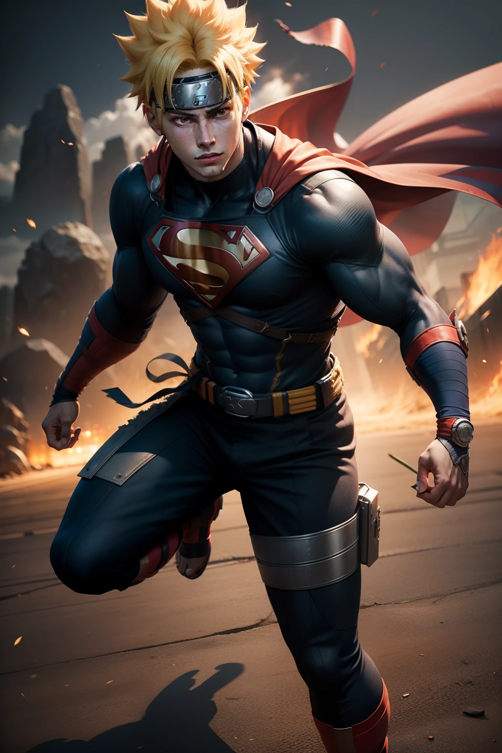 naruto x superman, full body, solo, male, realistic, detailed, perfect lighting, perfect shadow, perfect body, perfect picture, Super High Resolution, (Realism: 1.4), Original Photo, Best Quality, Masterpiece, Cinematic Experience
