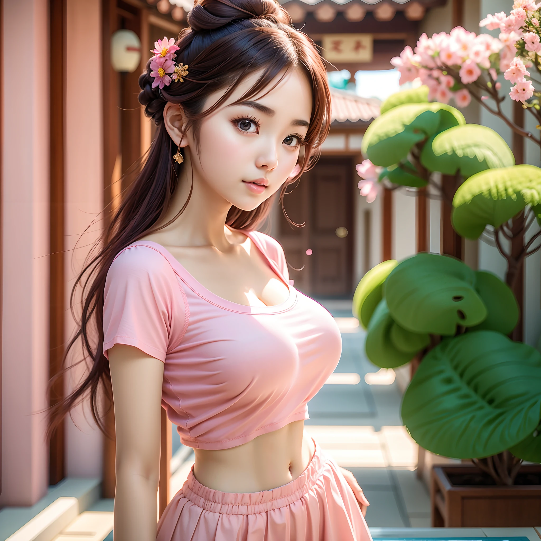 araffed asian woman in a pink shirt and brown skirt, korean girl, beautiful asian girl, asian girl, gorgeous young korean woman, beautiful south korean woman, beautiful young korean woman, anime girl in real life, young asian girl, oppai, with a large breasts, sakimichan hdri, really large bust, korean woman, wearing a cute top
