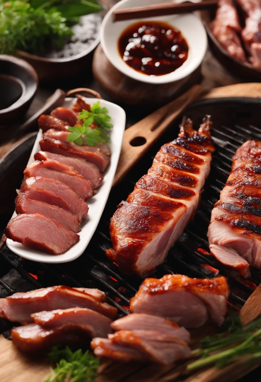 Char siu grilled over charcoal、firey、It looks delicious、Kayaki、Grilled pork、pork meat、(A hyper-realistic),(top-quality), (ultra-detailliert)