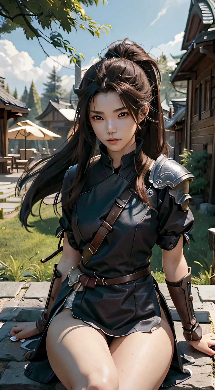 Yaso、League of Legends、yasuo_(lize_In the_legends)、1 juvenile、arma、Male Focus、The sword、facial hairs、独奏、a beard、scabbard、poneyTail、brown haired、ngel、length hair、arma、s Armor、Brown-eyed、outside of house、holds a sword、Knives、musculature、The tree、looking at the spectator、lifelike rendering、​masterpiece, top-quality, hightquality, hight resolution, Wearing black clothes、Show the thighs visible through the slit、(((sit down and open your legs wide)))