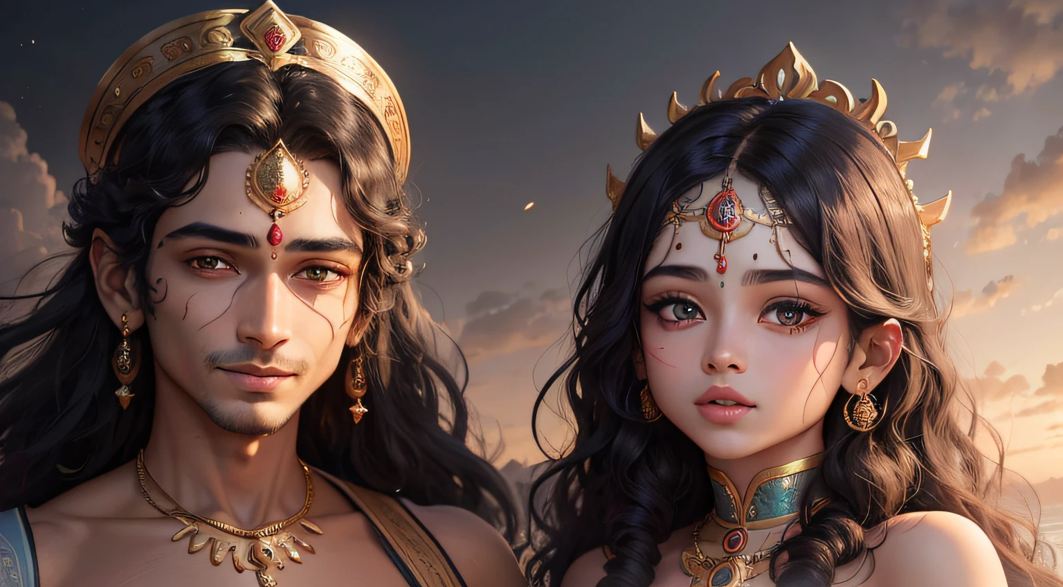 color photo of the faces of Lord Krishna and Shiva, their divine features illuminated with celestial radiance. Lord Krishna's face is adorned with a mischievous smile, his eyes sparkling with joy and compassion. His dark, curly locks frame his face, adding to his youthful charm. Shiva's face exudes a sense of tranquility and wisdom, his serene gaze reflecting his deep connection with the universe. His third eye, symbolizing higher consciousness, is subtly depicted on his forehead. The camera lens captures the intricate details of their divine countenances, highlighting every contour, every expression, and every nuance. The colors are vivid and lifelike, showcasing the vibrant hues of their skin tones. This extraordinary collaboration of photographers and artists brings forth the essence of devotion and reverence, inviting viewers to connect with the divine through the captivating beauty of these revered deities' faces, krishna had sky blue colored skin and carried flute on hand and use to put peacock feather on the head