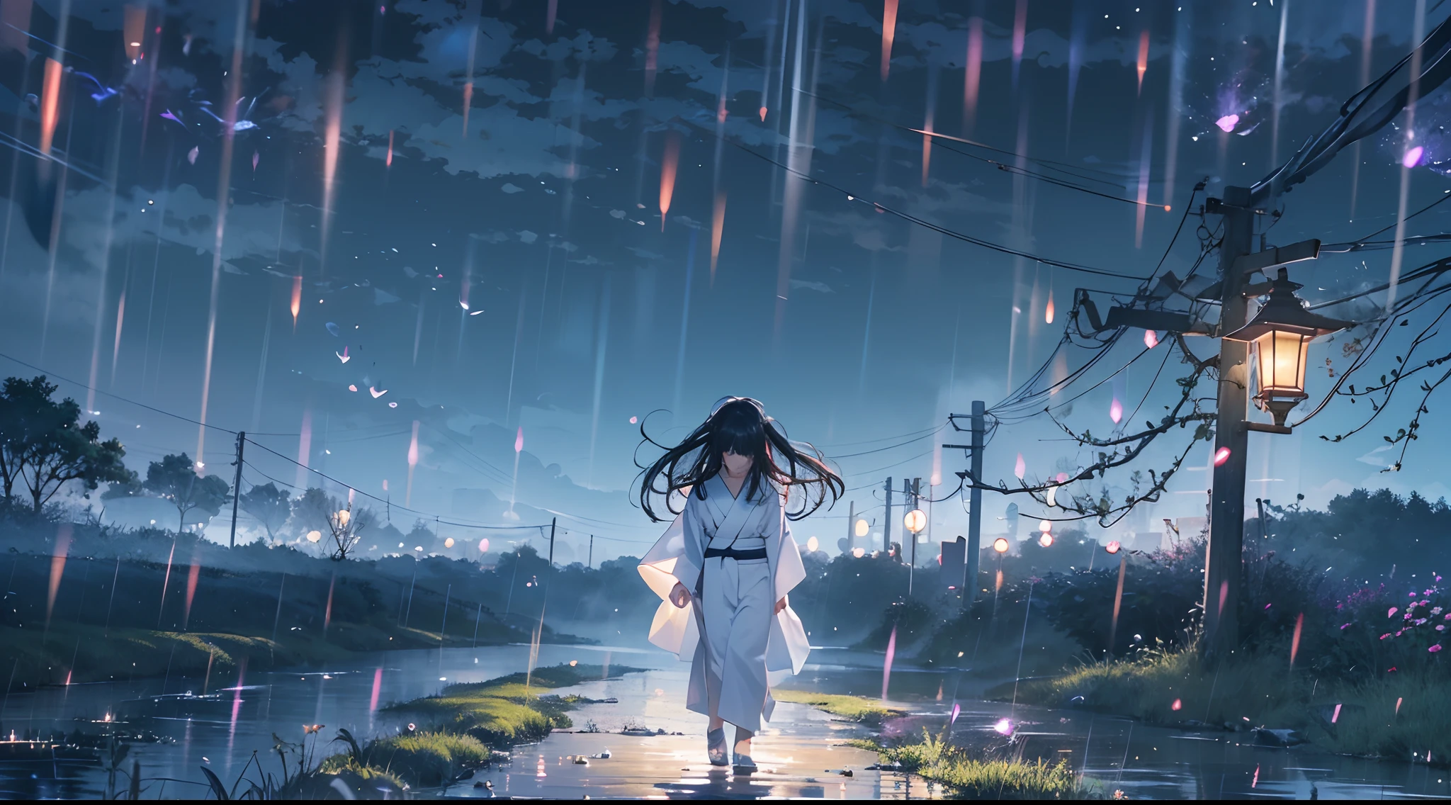 Masterpiece, illusion, Highest Quality, natta, Cloudy night, Oborotsuki, ((Fireflies)), ((countryside)), (countryside), River surface, Adult woman wearing a yukata, Heavy evening fog, Flowing evening fog, dry ice, thick fog, confession, regret, loneliness, Long black hair, Hair luster, after the rain, Whole body, Overhead, Sync Lantern, sorrow, separation, reminiscence, thought