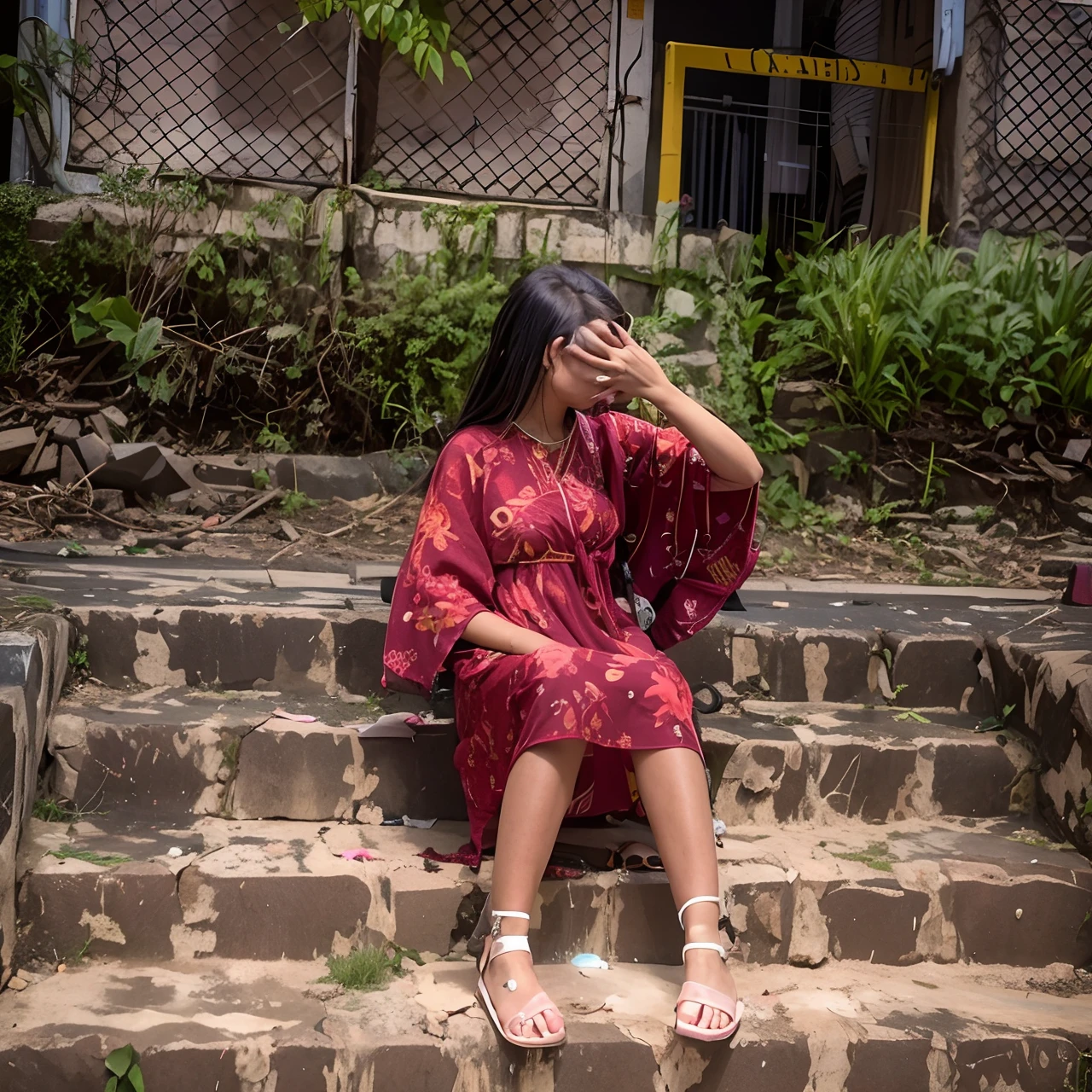 there is a woman sitting on the steps of a building, with a sad expression, sitting on the ground, distorted pose, depressing image, sadness personified, desperate pose, low quality photograph, photoshoot, with depressive feeling, candid picture, a portrait of a suicidal girl, she is distressed, very very low quality picture, assamese aesthetic, cursed photography no change a body of girl , 4k