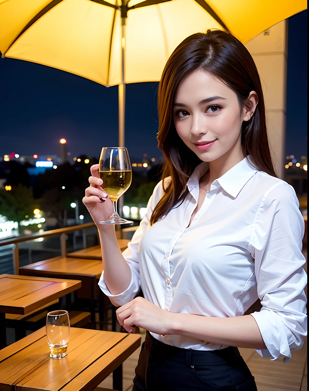 (64K, UHD, top quality, masterpiece: 1.2), (realistic, photorealistic: 1.37), super detailed, pretty woman 1 person, (slim face), (slim body), (brown hair), (short cut), cheeks slightly blushing, (44 years old), 38 years old, solo, beautiful detailed urban night view outside the window, restaurant, wine glasses sit, at night, in a prominent placeNovaFrogStyle, Actress, Model, Waist Up, White Wine, Slim, Wine Glass, Super Clean Night View, Wine Glass Put in the Middle, Happy Smile, (Smile: 1.15), Beautiful Fine Eyes, Upper Body, Bust Japan Up, Night, Short, Short, Actress, Model, Waist Up, White Wine, Slim, Wine Glass, Super Clean Night View, Wine Glass Put in the Middle, Happy Smile,