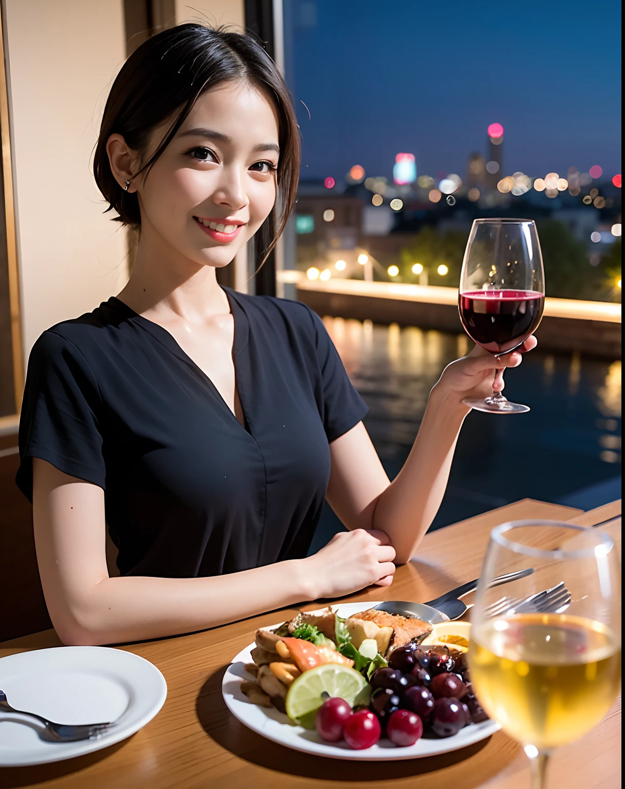 (64K, UHD, top quality, masterpiece: 1.2), (realistic, photorealistic: 1.37), super detailed, pretty woman 1 person, (slim face), (slim body), (brown hair), (short cut), cheeks slightly blushing, (44 years old), 38 years old, solo, beautiful detailed urban night view outside the window, restaurant, wine glasses sit, at night, in a prominent placeNovaFrogStyle, Actress, Model, Waist Up, White Wine, Slim, Wine Glass, Super Clean Night View, Wine Glass Put in the Middle, Happy Smile, (Smile: 1.15), Beautiful Fine Eyes, Upper Body, Bust Japan Up, Night, Short, Short, Actress, Model, Waist Up, White Wine, Slim, Wine Glass, Super Clean Night View, Wine Glass Put in the Middle, Happy Smile,