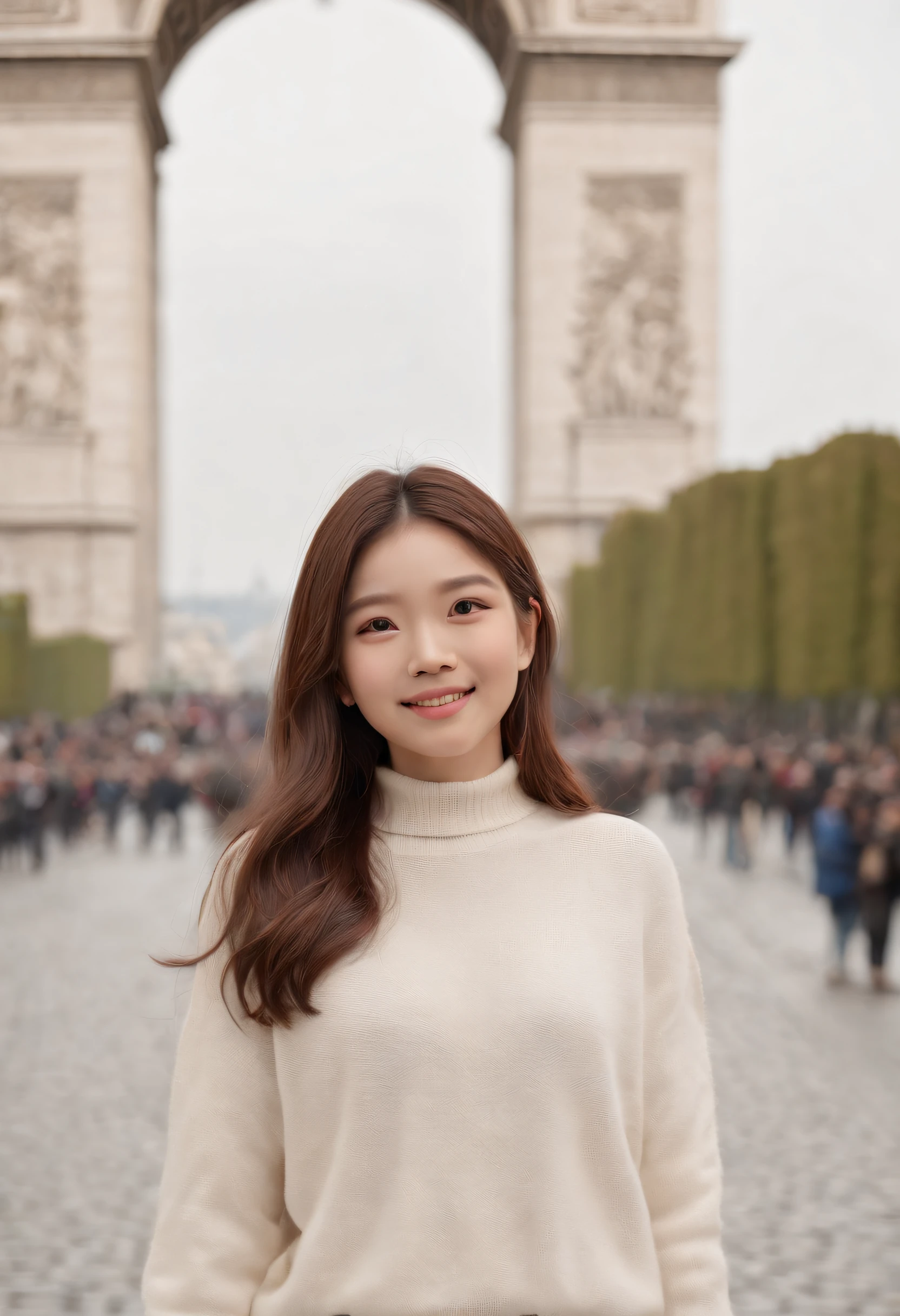 (8K、top-quality、masterpiece:1.2)、 (realisitic、Photorealsitic:1.37)、 ultra-detailliert、DJ Soda、 1 girl in、full body Esbian、Wearing a turtleneck sweater and skinny jeans、Stand in the streets of Paris with the Arc de Triomphe in the background、 cute little、独奏、 Beautiful detailed sky、 (A smile:1.15)、(Mouth closed)、 tiny chest、 beatiful detailed eyes、 (length hair:1.2)、 Floating Hair Novafrog Style、