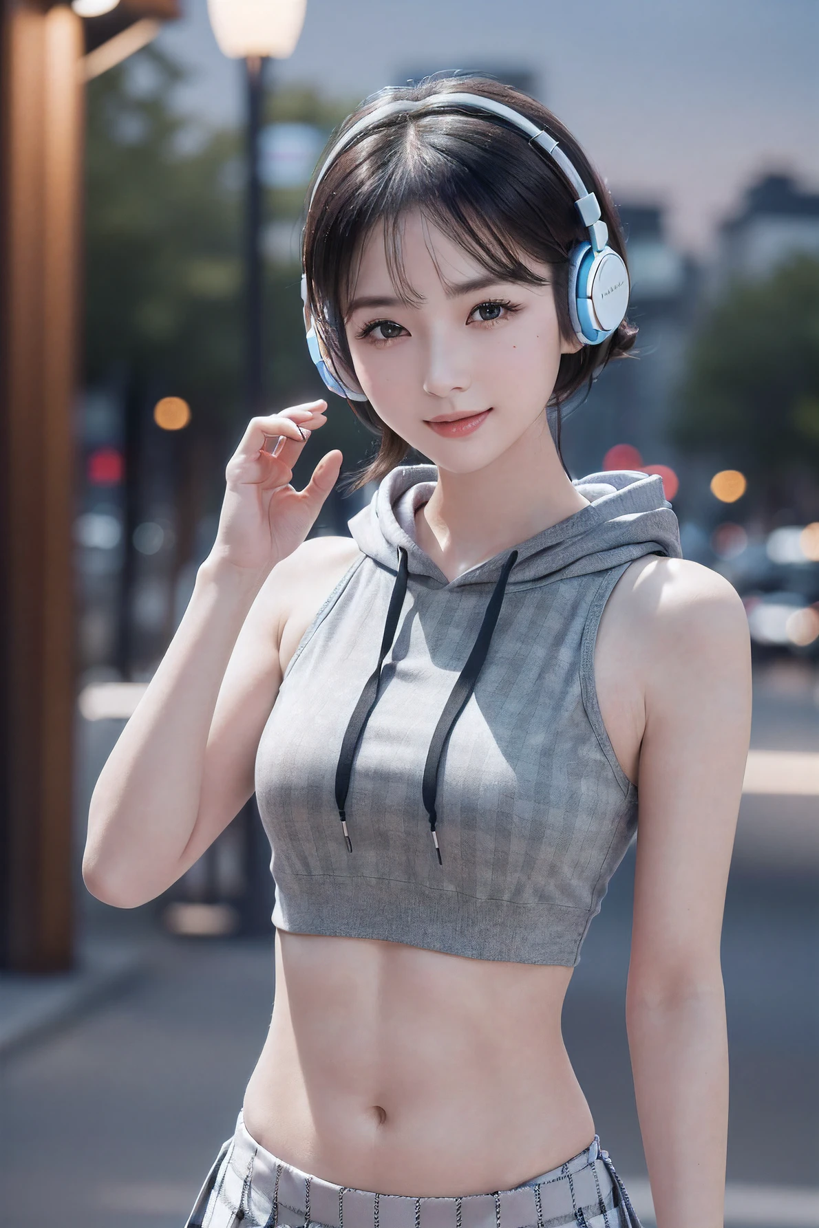 A extremely Cute and Beautiful Pictures of Japan Woman, (22 years old: 1.1), ((cowboy shot:1.3)), ((soft bar lighting: 1.3), (Backlight: 1.3), Full Body Lighting, (face soft lighting), Look Straight, Cinematic Angle, Graceful standing, (((night situation:1.5))), (walking and singing at night park:1.3), (attractive:1.3), (wearing a headphone:1.5), (holding a headphone:1.3, hands on a headphone:1.3), Blake, punk look:1.3, (dark-grey crop-top hoodie:1.3, plaid-pattern box-pleats-skirt:1.3), knee-high-over-boots:1.3, glasses, BREAK, (dark brown eyes, beautiful eyes, princess eyes), (shiny-black hair:1.3, Hepburn style chignon hair:1.3, bangs, hair between eyes, medium-length hair), (slender, abs), (medium breasts:0.95), (thin waist:1.25), solo, (parted lips, pink glossy lips), (beautiful clean skin), (seductive princess smile: 1.25, closed mouth:1.2), (4fingers and thumb:1.3, perfect human hands. detailed human hands), BREAK, (Realistic, Photorealistic: 1.37), (Masterpiece, Best Quality: 1.2), (Ultra High Definition: 1.2), (RAW Photo: 1.2), (Sharp Focus: 1.3), (Face Focus: 1.2), (Ultra Detailed CG Unified 8k Wallpaper: 1.2), (Beautiful Skin: 1.2), (Pale Skin: 1.3), (Hyper Sharp Focus: 1.5), (Super Sharp Focus: 1.5), (Beautiful Face: 1.3), (Ultra Detailed Background, Detailed Background: 1.3), (perfect female body), ((frame the head:1.3)), perfect anatomy, perfect proportions, 8.5 life-size, face focus, ultra-realistic photos, ultra-clear images, ultra-detailed images,