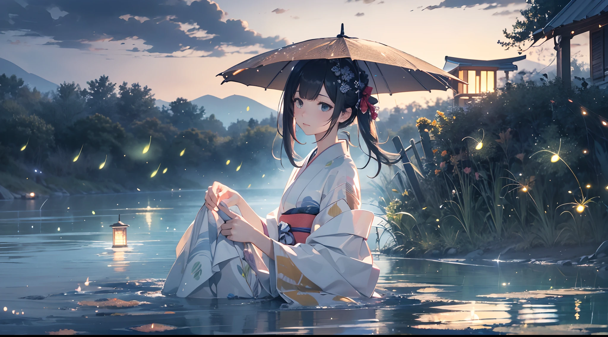 Masterpiece, illusion, Highest Quality, natta, Cloudy night, Oborotsuki, ((Fireflies)), ((countryside)), (countryside), River surface, Adult woman wearing a yukata, Heavy evening fog, Flowing evening fog, dry ice, thick fog, confession, regret, loneliness, Long black hair, Hair luster, after the rain, Whole body, Overhead, Sync Lantern, sorrow, separation, reminiscence, thought