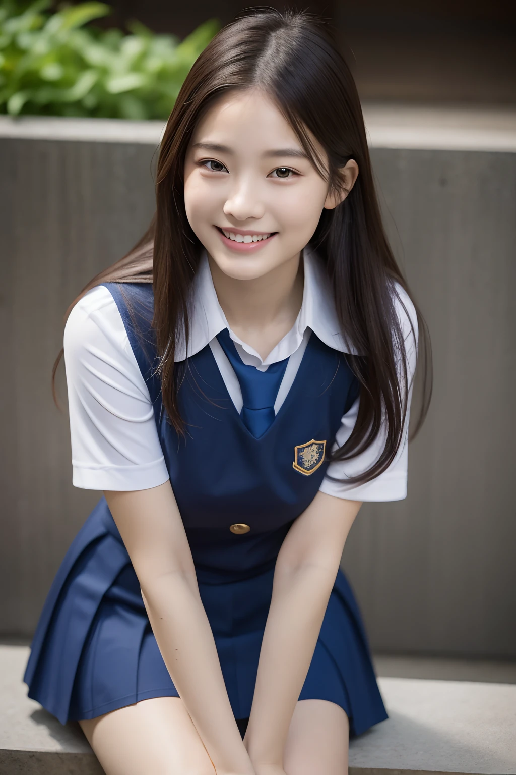 (8K), (Best Quality: 1.2), (Realistic), (Photorealistic: 1.37), Ultra High Definition, 1 Girl, Cute, Smile, Closed Mouth, Beautiful Details, Beautiful Nose, Full Body, Wet Hair, Colossal Dalsefo, Pork, School Uniform, Thighs