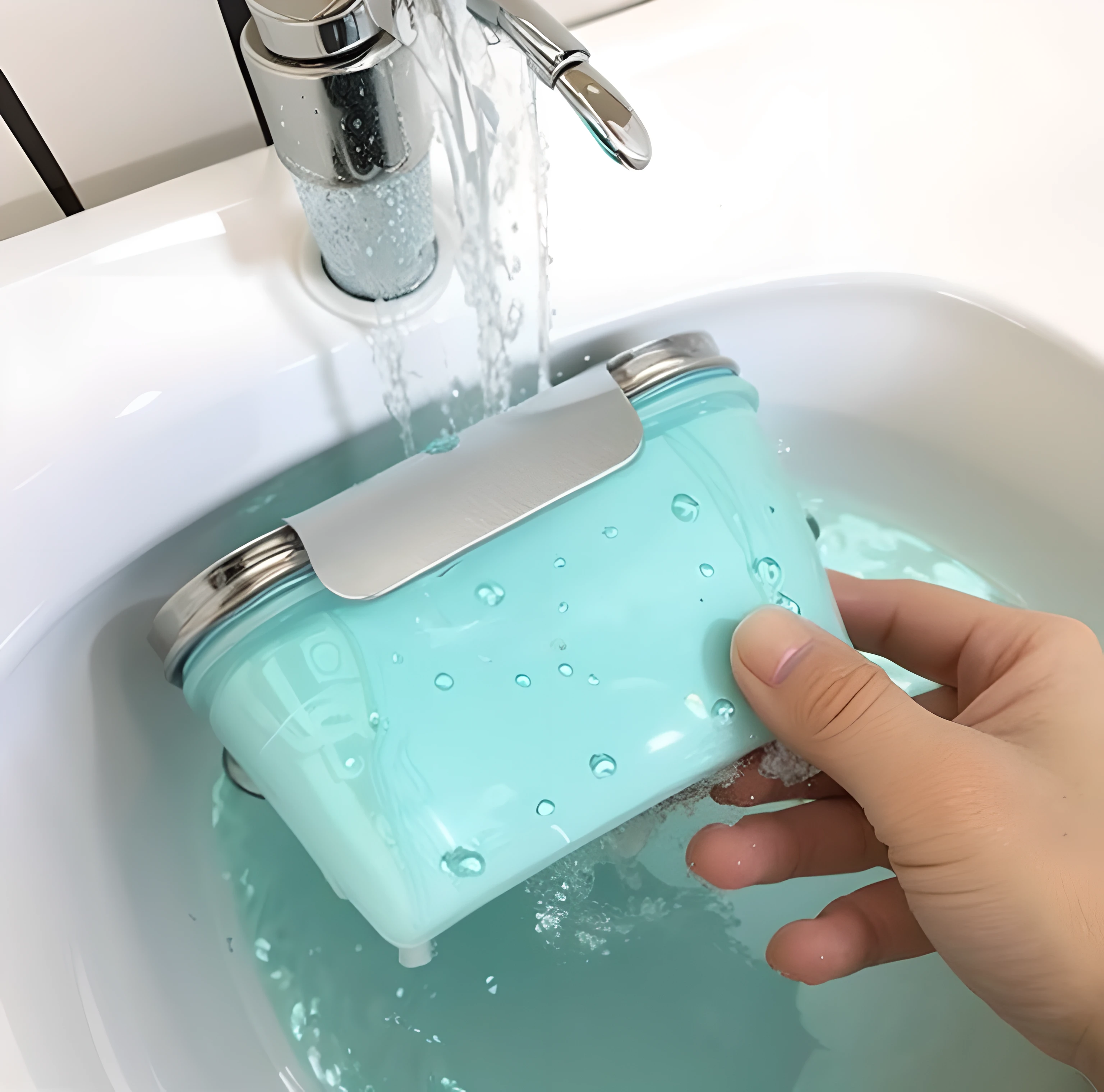 In a white sink,A light blue childne hand\Lunch box under the tap, The lunch box is near the edge of the sink,Water from the tap splashes on the lunch box, studio photoshoot, surrealism, Realism, 8K