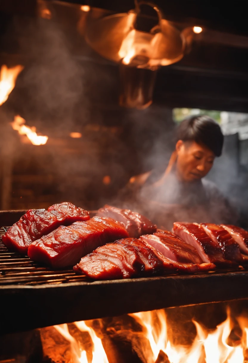 Char siu grilled over charcoal、firey、It looks delicious、Kayaki、Grilled pork、pork meat、(A hyper-realistic),(top-quality), (ultra-detailliert)、Block Char Siu、