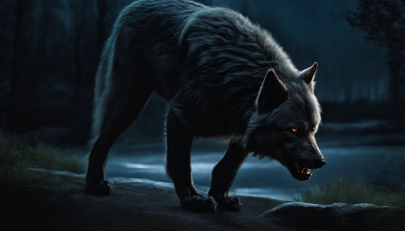 A werewolf stalking at night,8K,((tmasterpiece)),hdr,highly detailed,professinal