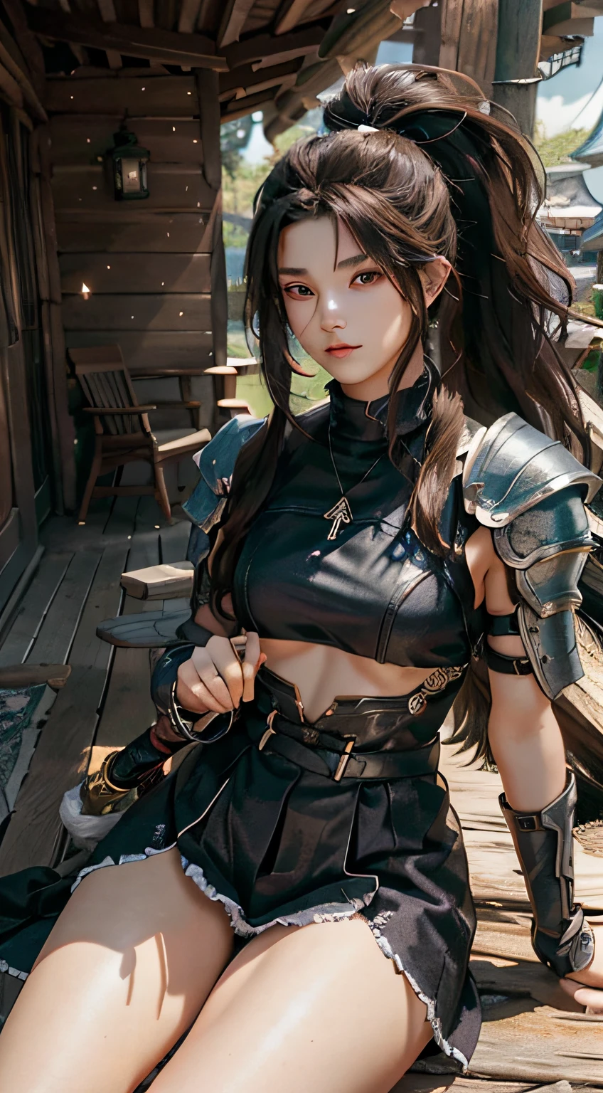 Yaso、League of Legends、yasuo_(lize_In the_legends)、1 juvenile、arma、Male Focus、The sword、facial hairs、独奏、a beard、scabbard、poneyTail、brown haired、ngel、length hair、arma、s Armor、Brown-eyed、outside of house、holds a sword、Knives、musculature、The tree、looking at the spectator、lifelike rendering、masterpiece, top-quality, hightquality, hight resolution, Wearing black clothes、Show the thighs visible through the slit、(sit down and open legs)