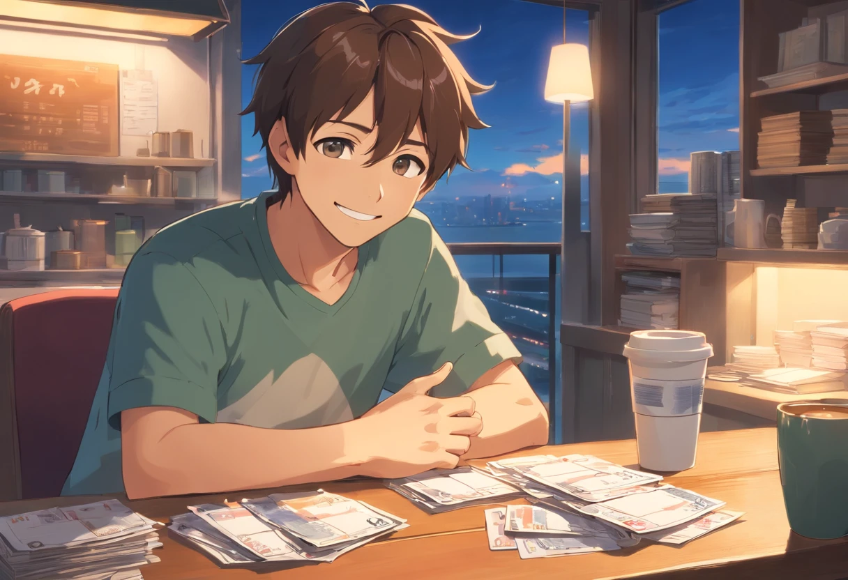 A Man,Smiling,Relaxing,goodlooking,Middle age,PC is in front of a man,There are a lot of bills piled around him,Holding a coffee cup in his hand,Bright image、Clear facial expressions