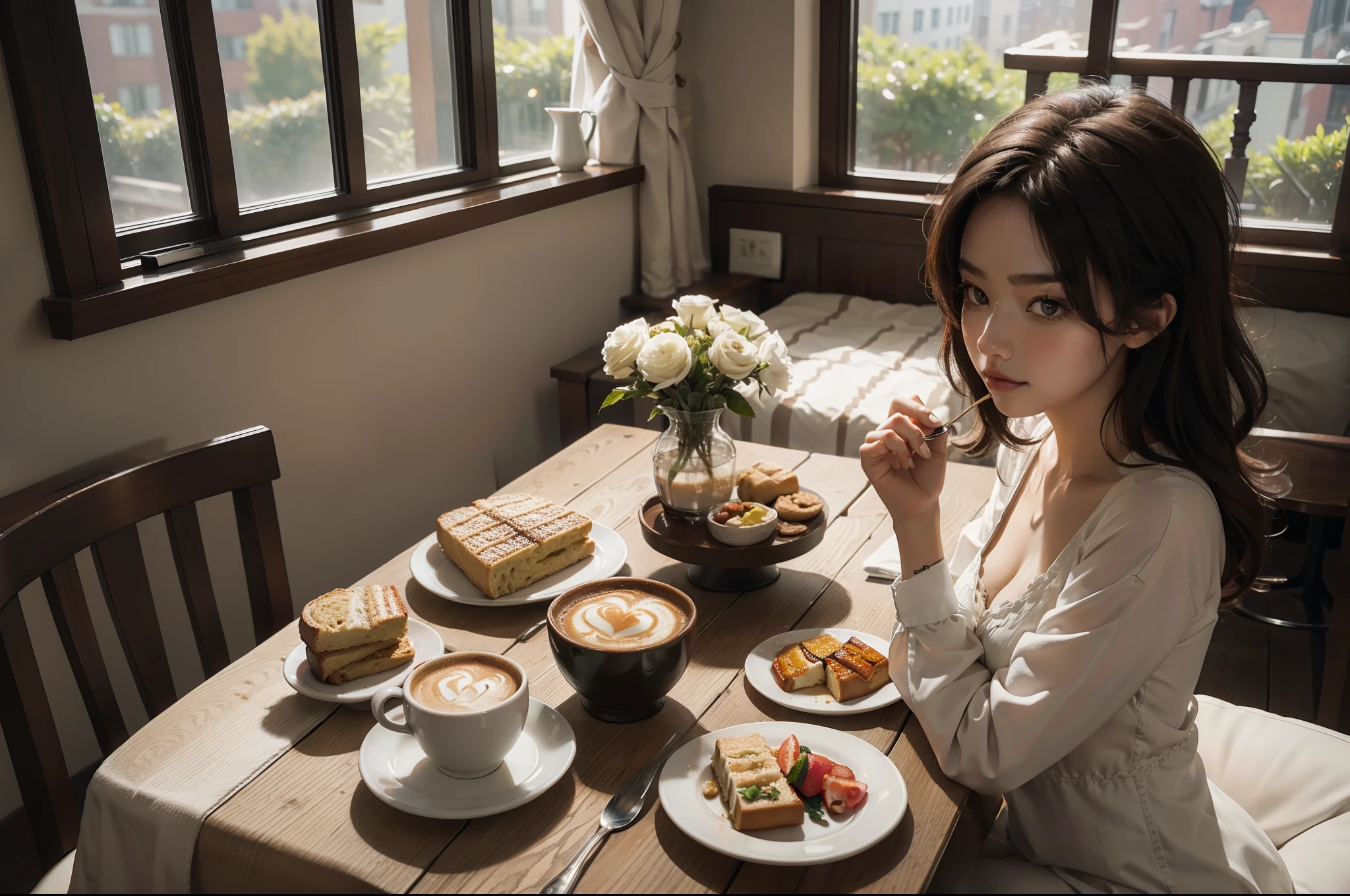 Lattes on a table, next to a window, luxurious breakfast, Highly detailed, food photography, professional quality and aesthetics, high angle shot, photorealistic.