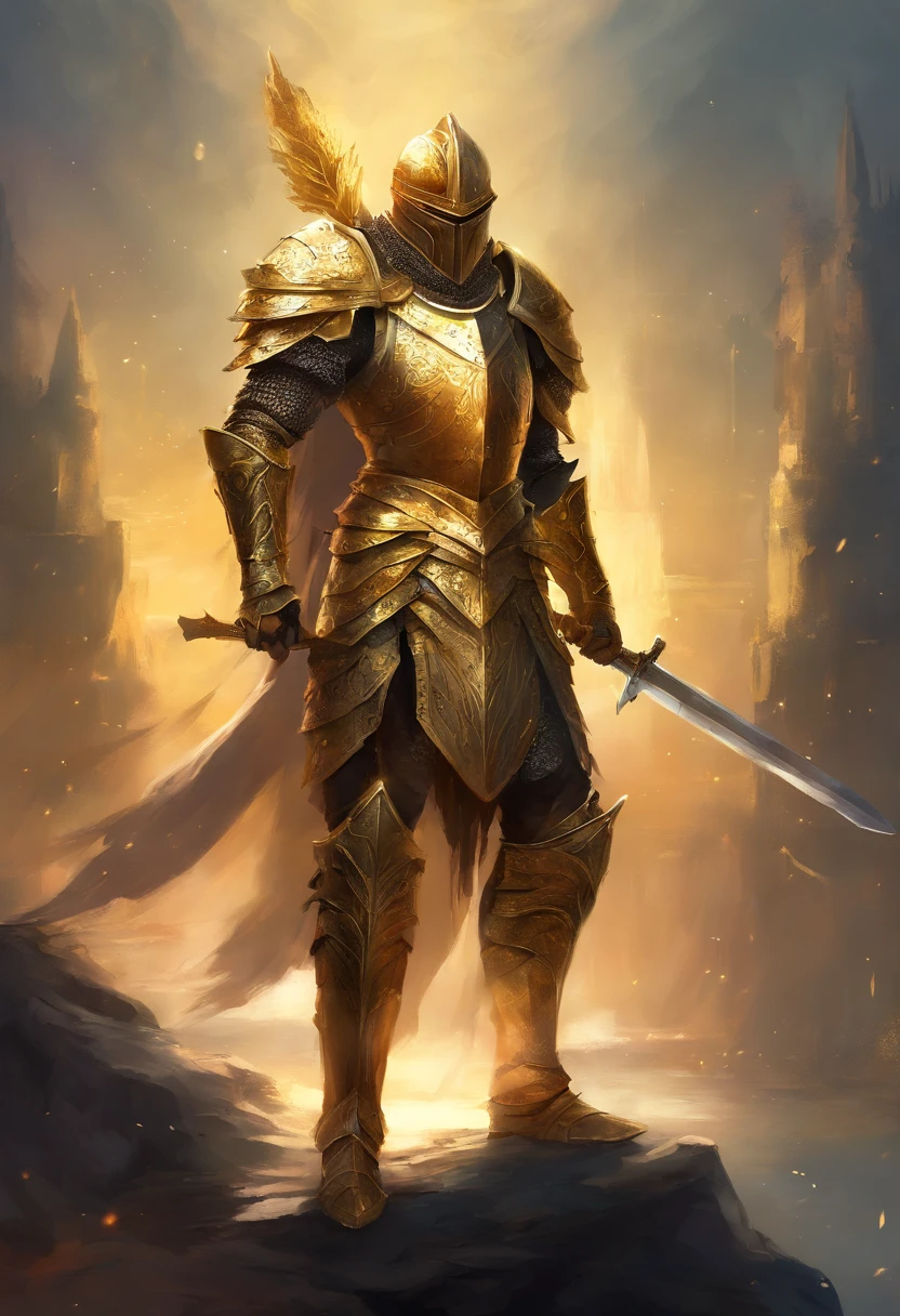 A warrior, Holding a sword, Wearing Gold Armor, (Dark Souls style)