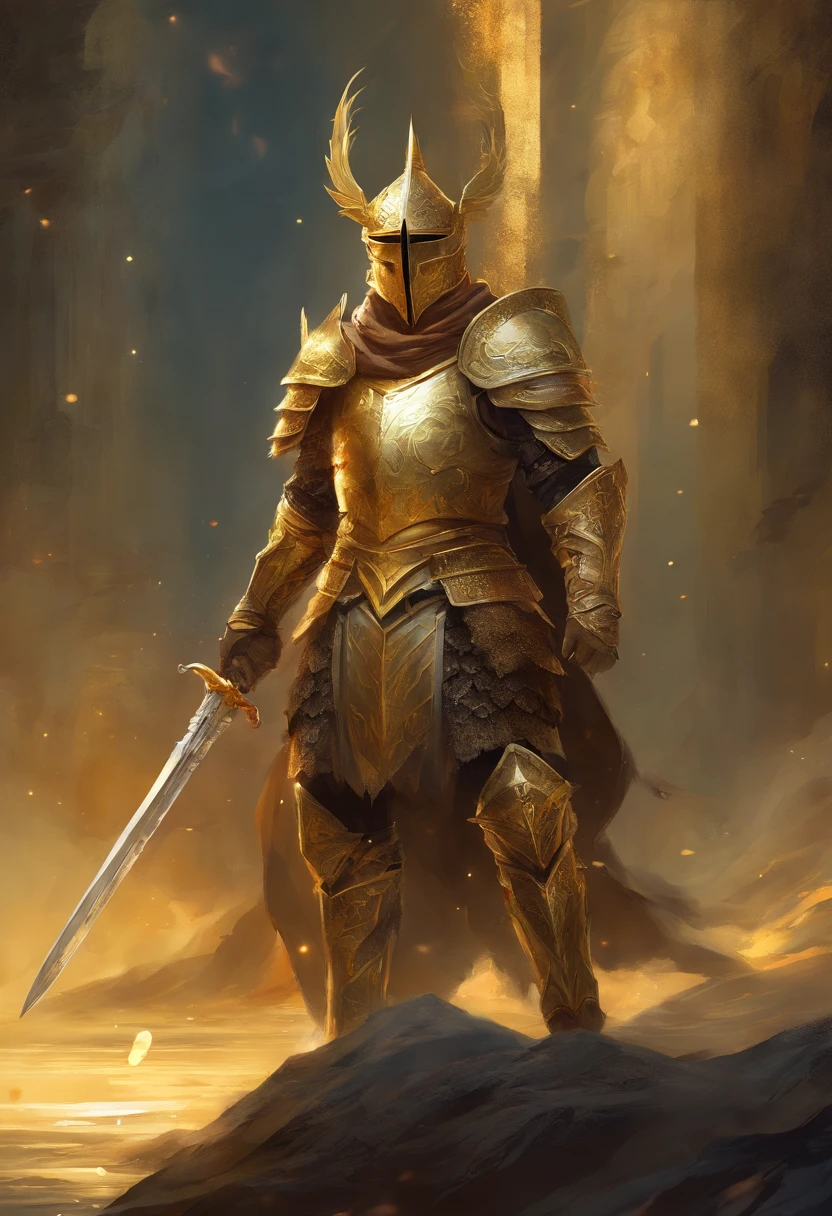 A warrior, Holding a sword, Wearing Gold Armor, (Dark Souls style)