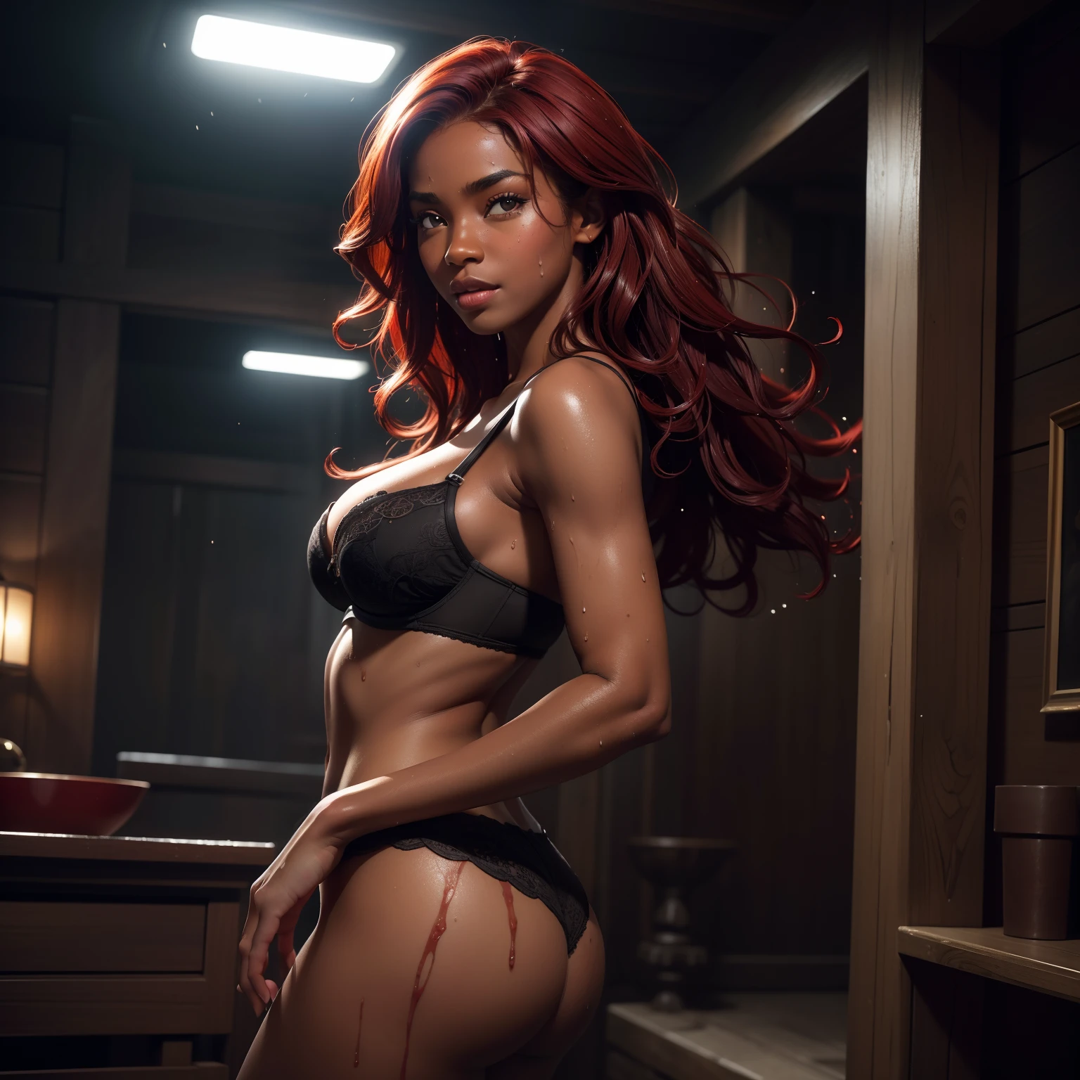 ((dark skin, ebony)), ((excited cute face)), ((cute pose)), ((seductive )), sexy, ((medium breast)), ((bra)), ((long soft wavy red hair, red eyebrows)), ((wet skin)), ((standing, rear view)), ((sweating)),, sharp focus cgi, photorealistic, high detail, realistic, masterpiece, absurdres, best quality, HDR, high quality, high-definition, extremely detailed, 8k wallpaper, intricate details, 8K uhd, Full-HD, (realistic photo:1.2), contrast, harsh lighting, cinematic lighting, natural lighting, hard light, backlighting, global illumination, ambient occlusion