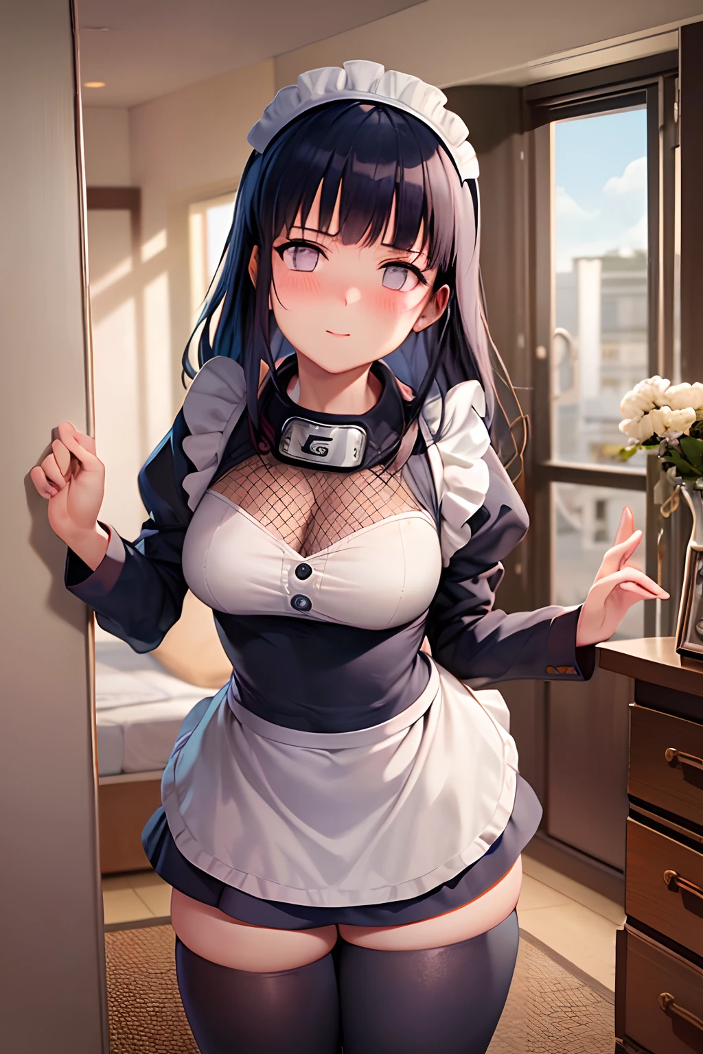 Masterpiece, High definition, High quality, Detailed face, detailed body render, 1girll, Solo, Hinata maid costume,Bedrooms,,, standing, Blush, (in a  bedroom)，Be red in the face，perspire，nase，perspire，sexyposture