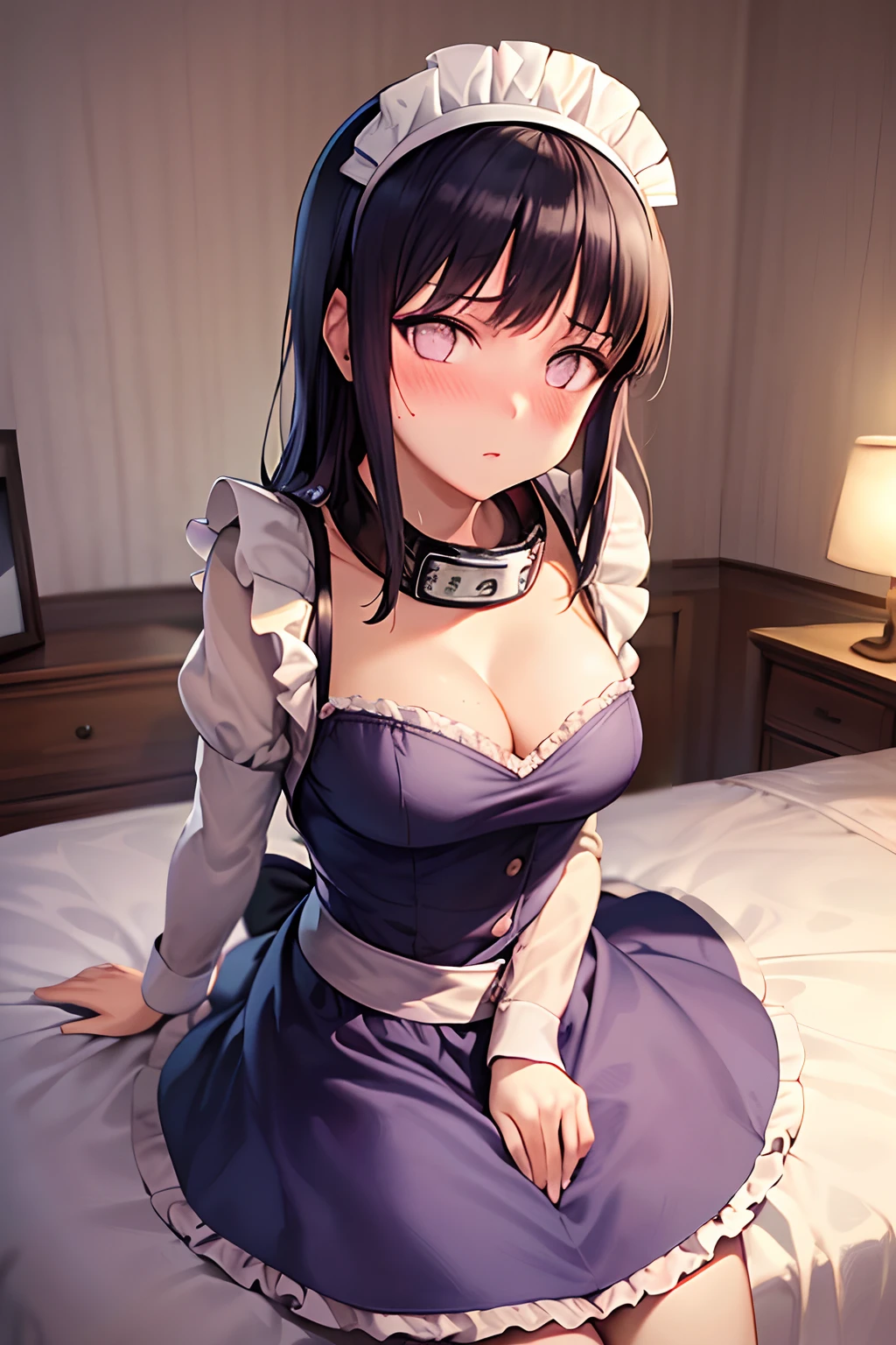Masterpiece, High definition, High quality, Detailed face, detailed body render, 1girll, Solo, Hinata maid costume,Bedrooms,,, standing, Blush, (in a bedroom),Be red in the face,perspire,nase,perspire,sexyposture