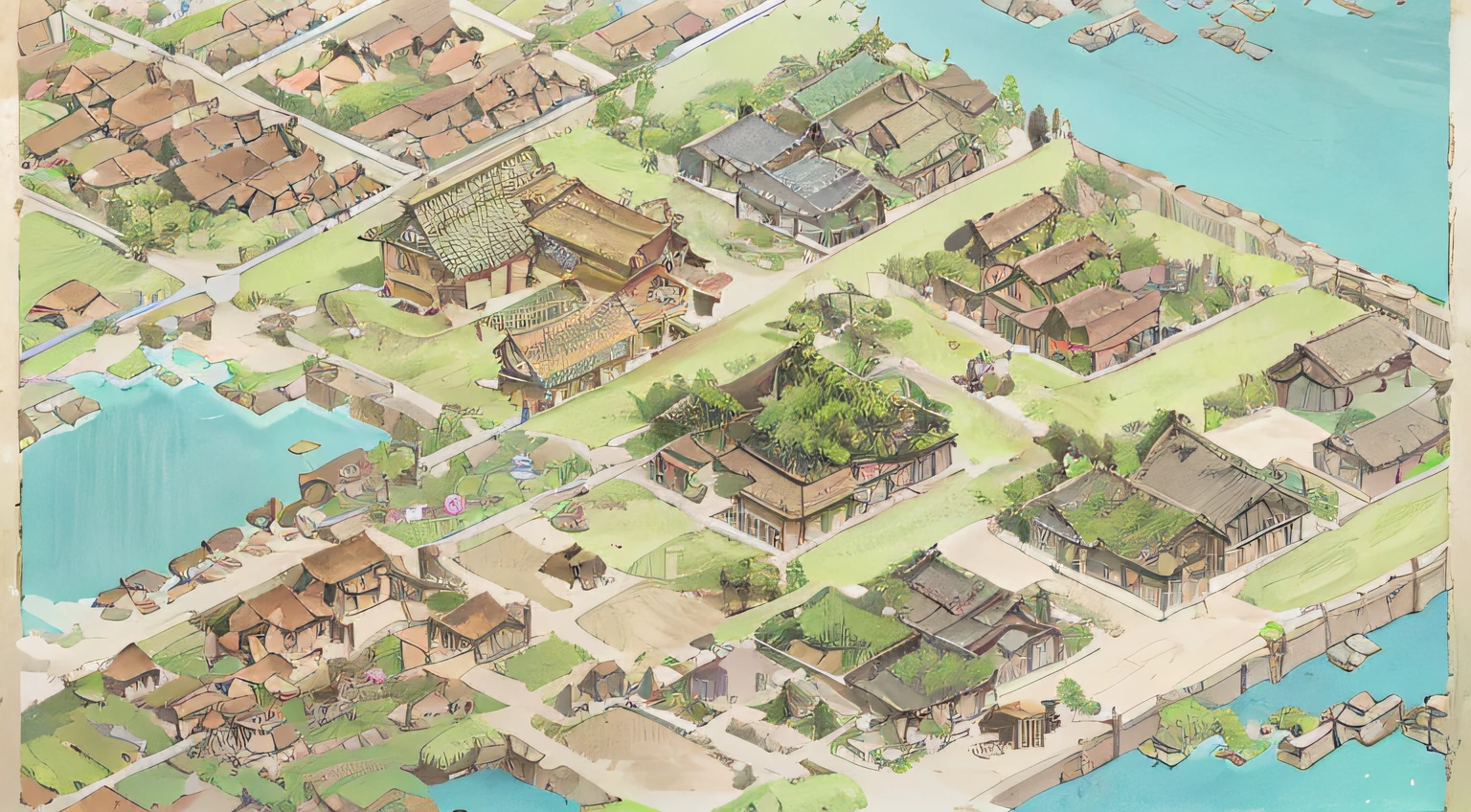 There is a manga of a village with many people, Traditional Chinese concept art, Chinese village, pastoral environment, Chinese village, Old ethnic style village, Chinese style illustration, Pintura em grande estilo, Ethnic villages, Ethnic villages and towns, Idyllic game,game screenshot
